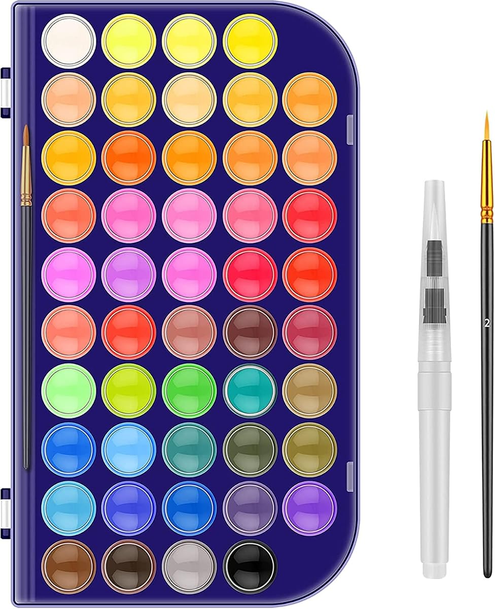 Juego de pintura, 48 colores de pintura de acuarela no tóxica con un pincel, un pincel de agua recargable y una paleta, juegos de pinturas de acuarela lavables para niños, adultos y artistas
