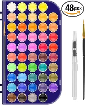Paint Set, 48 Colors Non-toxic Watercolor Paint with a Brush Refillable a Water Brush Pen and Palette, Washable Water Color Paints Sets for Kids, Adults,and Artists