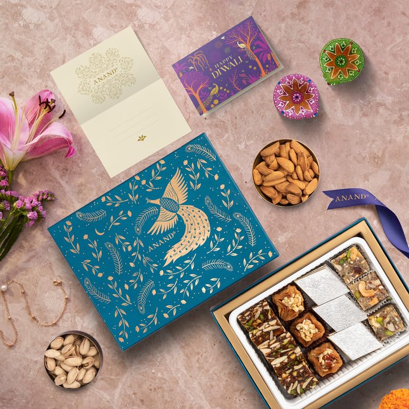 Image of ANAND Diwali Special Sweets Gift Box with Greeting Card, Assorted Indian Sweets Gift Hamper with Diya & Card, Diwali Gifting Collection for Family and Friends (385g) (Gift Box)