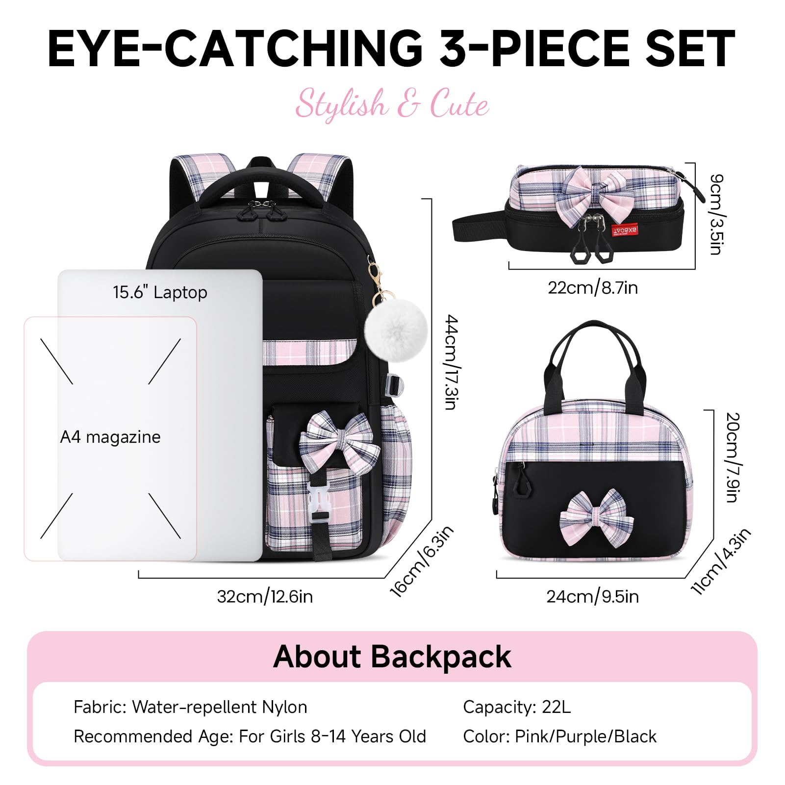 Tanou Ensemble Sac à Dos pour Filles, Cartable Fille Primaire à Nœud
