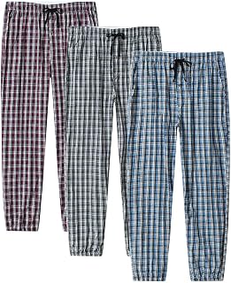 Mens Pajama Bottoms Cotton 3 Pack Lounge Pants Set with Pockets Drawstring Plaid Pjs Bottoms Sleepwear with Button Fly