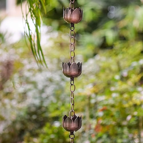 Miniatura 4 de Arcadia Garden Products RC04 Cadena de lluvia, metal de bronce con flor de loto de cobre cepillado