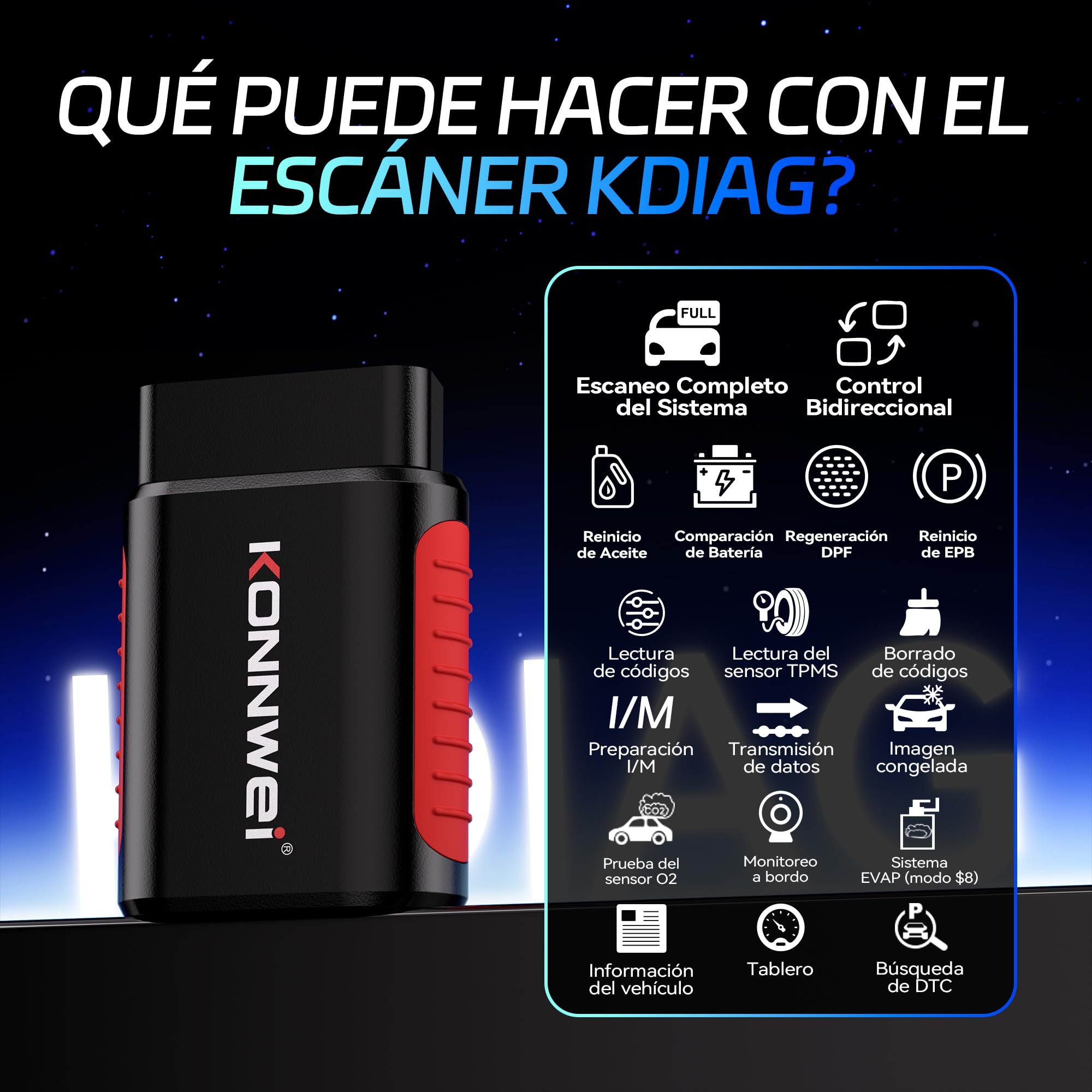 KONNWEI KDIAG - Escáner OBD2 Bluetooth, herramienta de diagnóstico para todo el sistema, 5 reinicios, comprobación del lector de código del coche, prueba de rendimiento del vehículo para iOS y Android