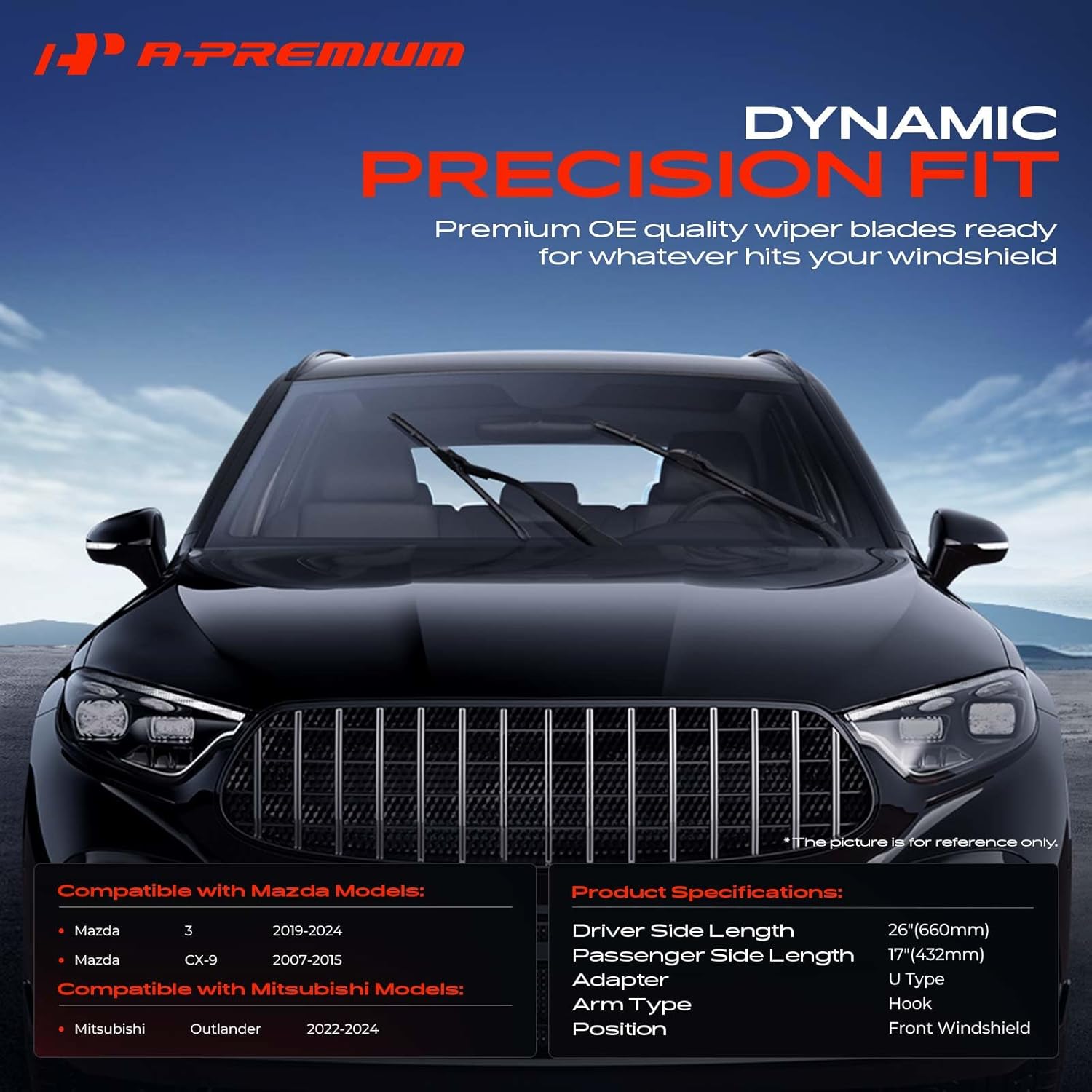 A-Premium 26"+17" Windshield Wiper Blades Compatible with Mazda 3 2019-2024, CX-9 2007-2015 & Mitsubishi Outlander 2022-2024 - Hook Connector, with Wear Indicator & Towel (Pack of 2)