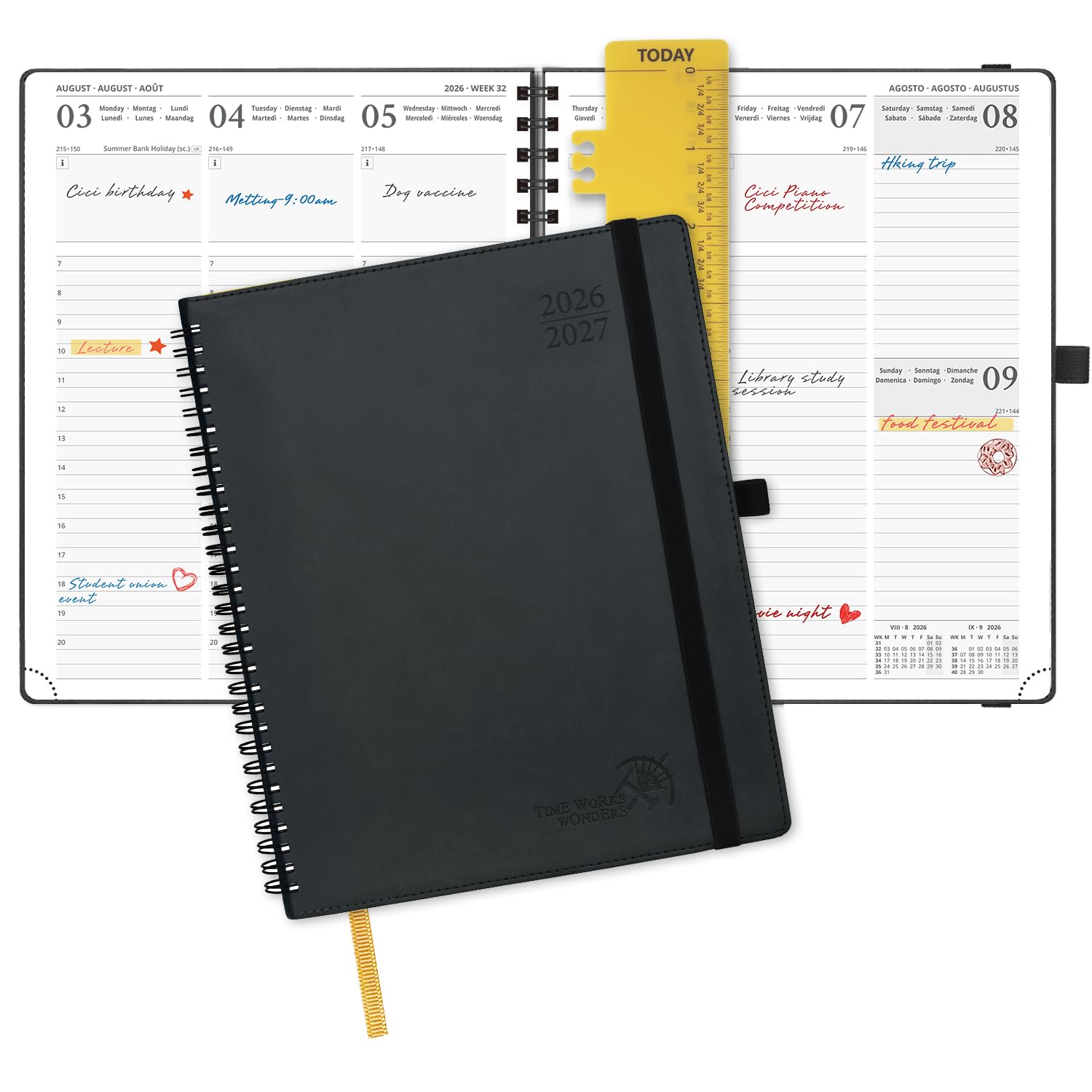 POPRUN Academic Diary 2026-2027 Week to View Large (26.5x21.5 cm) Soft Cover Spiral 17 Months (Aug'26 - Dec'27) Mid Year 26/27 Vertical Weekly Planner(Black)