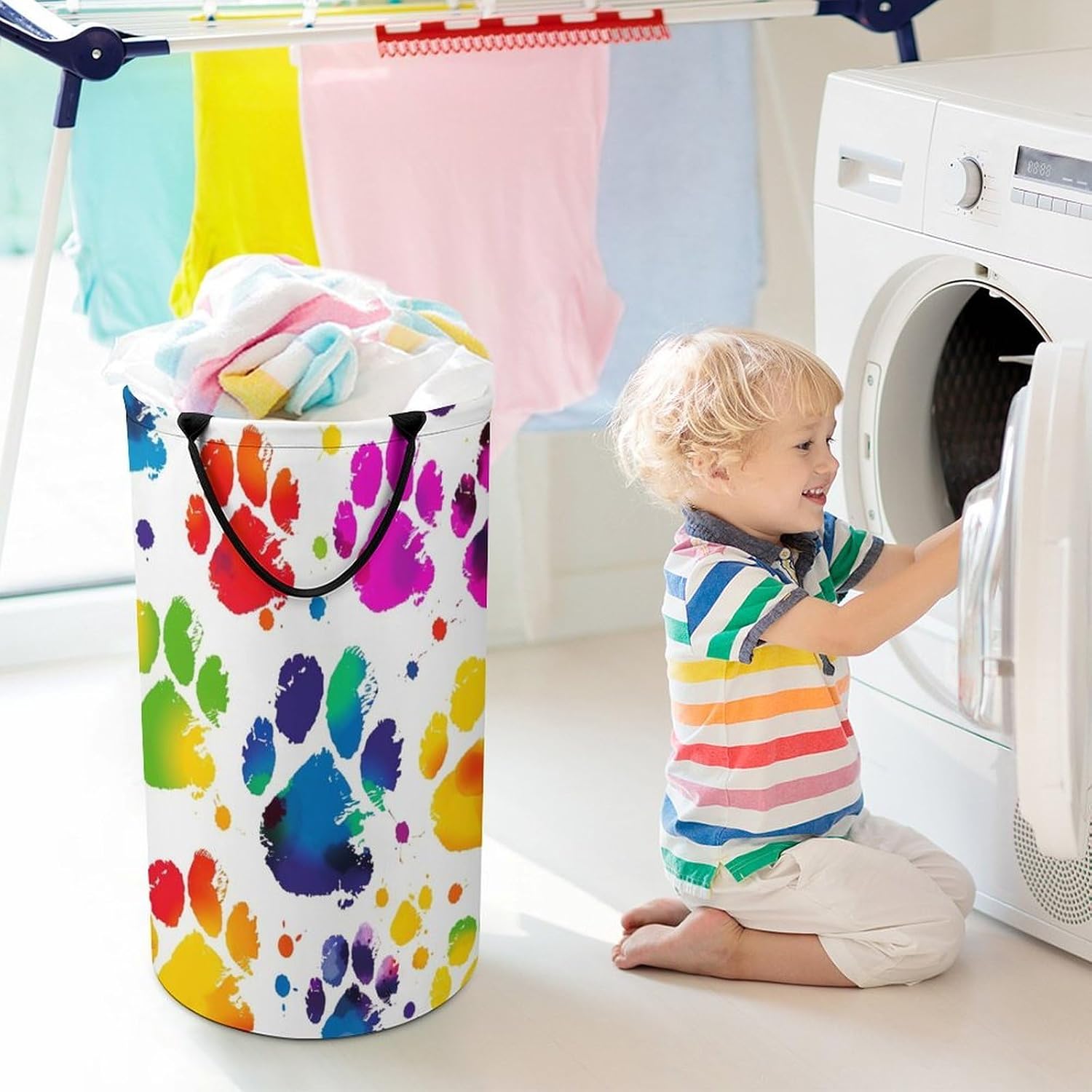 Collapsible Colorful Dog Paw Laundry Basket Large Waterproof Clothes Hamper with Handles Tall Dirty Clothes Basket Toy Round Storage Organizer Bin for Bathroom Bedroom