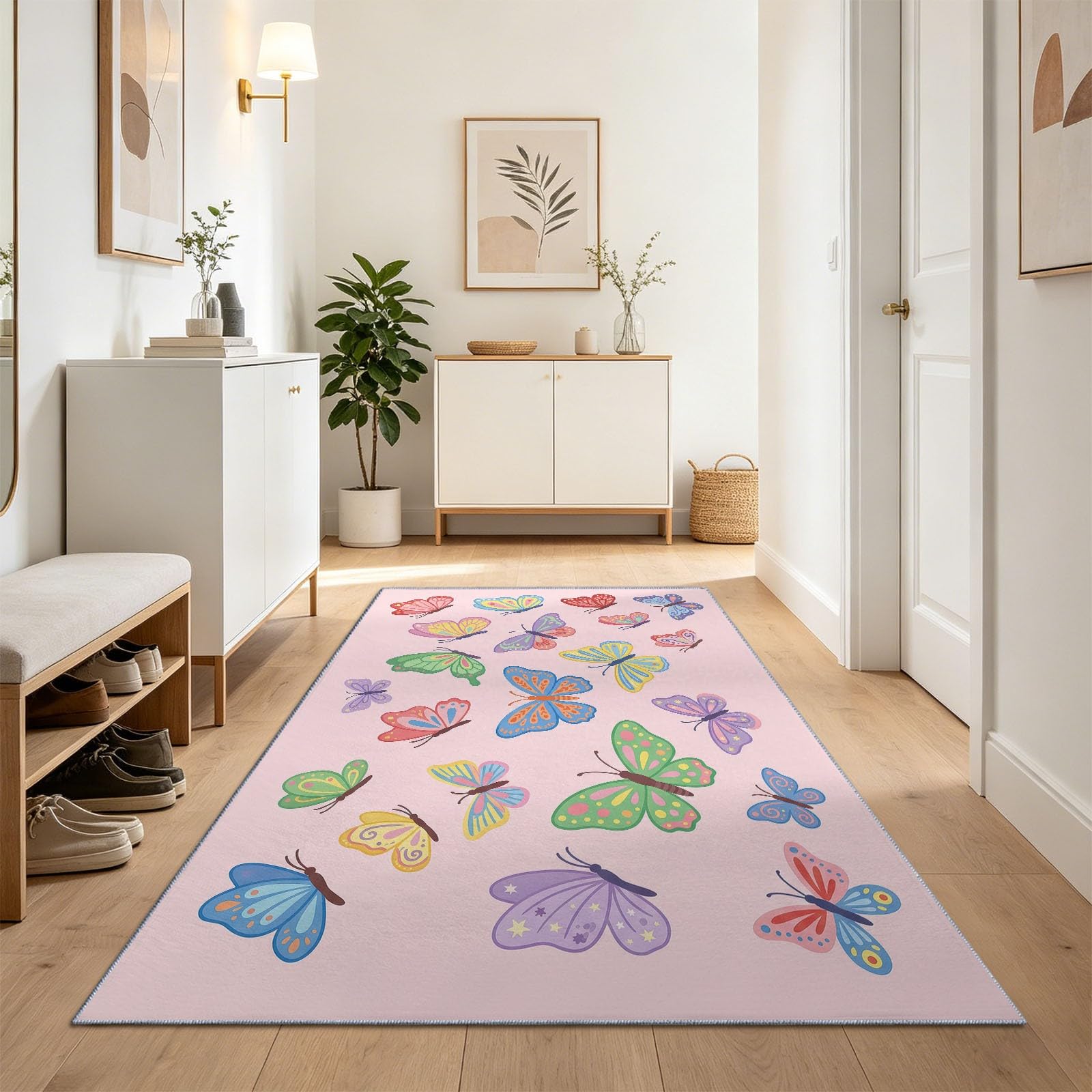 Tapis de Couloir Long 80 x 180 cm, Rose Tapis Cuisine Antidérapant Lavable, Minimaliste Élégant Animaux Mignon Papillon Tapis de Passage Doux pour Salon, Entrée, Balcon, Chambre Adulte Enfant