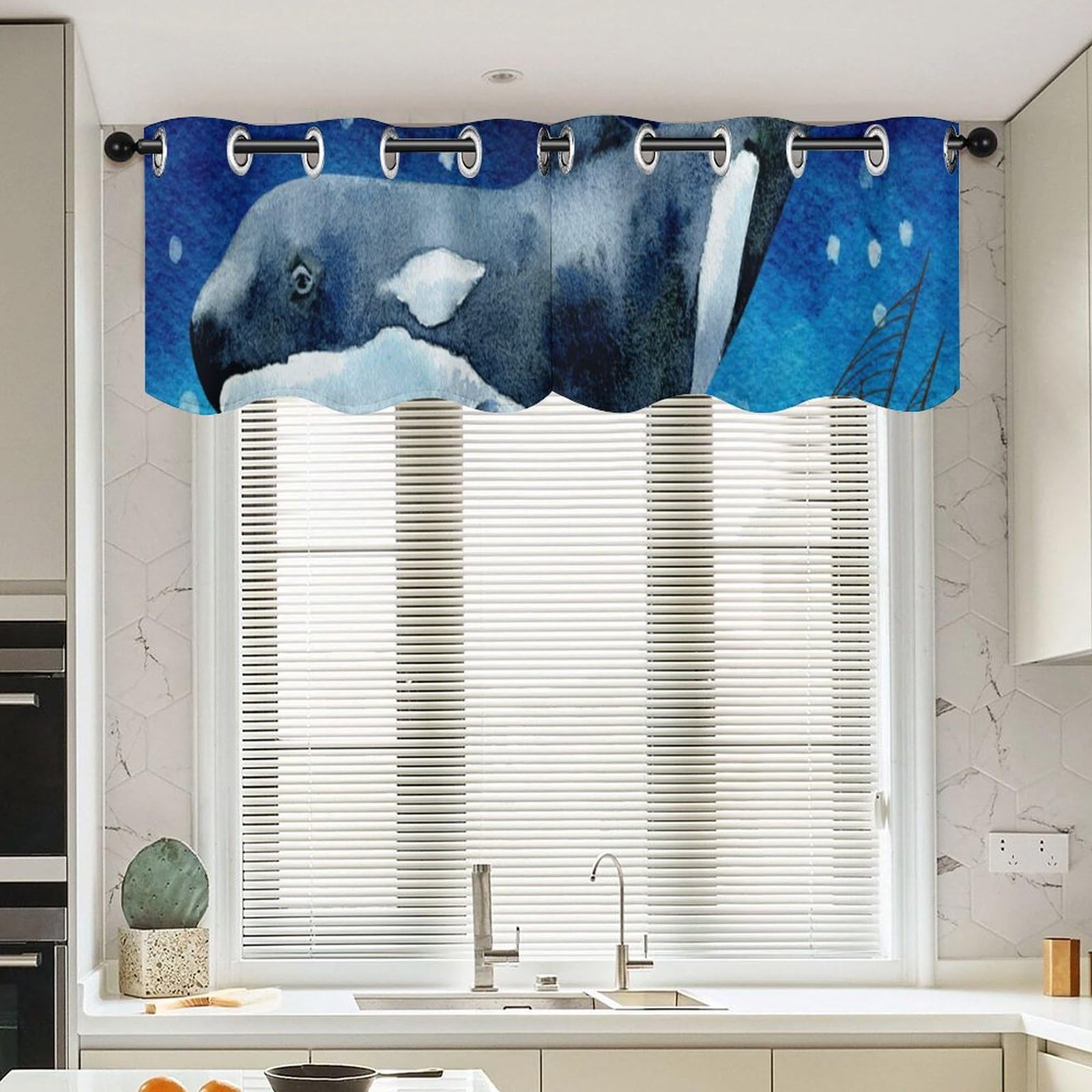 Cortinas con cenefa náutica de ballenas para cocina y ventanas de dormitorio vintage