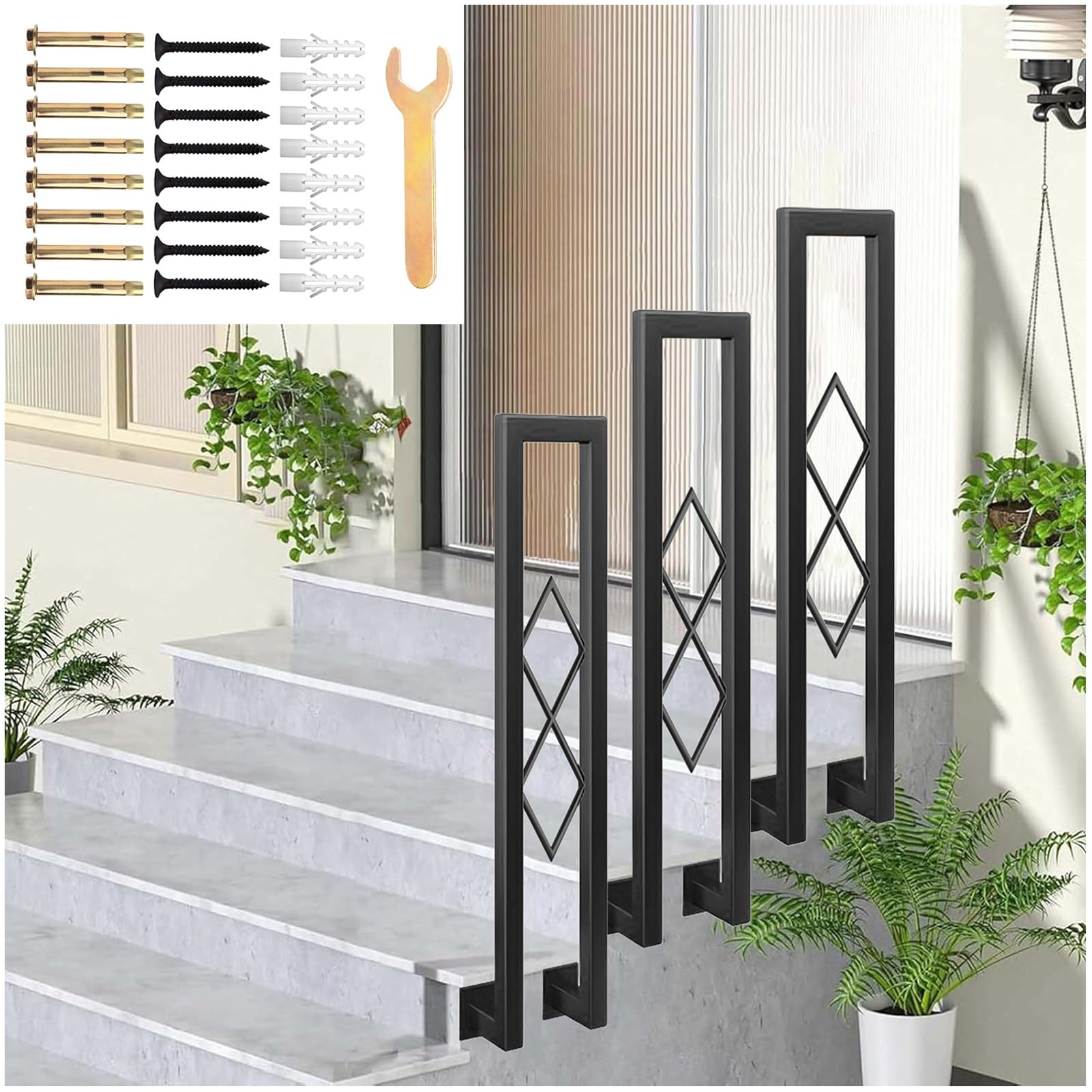 Pasamanos de Escalera Interiores, Pasamanos Antideslizantes en Forma de U Barandilla de Metal de Montaje Lateral para Escalón Exterior, Valla Decorativa con Patrón de Diamantes (75cm)