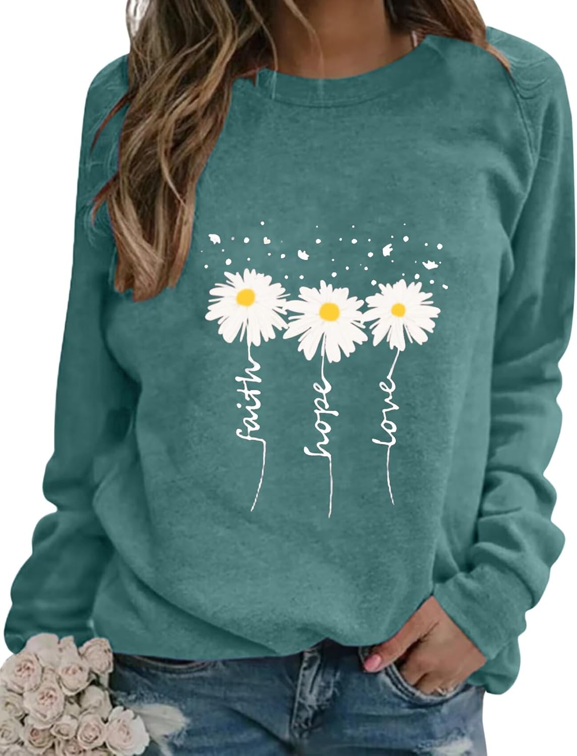 EADINVE Women Crewneck Daisy Print Long Sleeve Sweatshirts Faith-Hope-Love Graphic Tops Casual Loose Fit Pullover Shirts