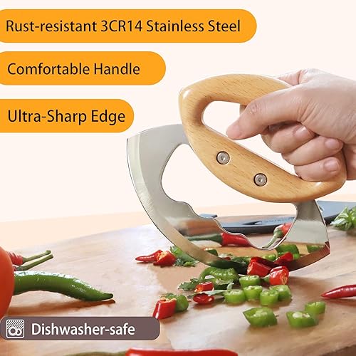 Miniatura 2 de Jawanfu Cuchillo Mezzaluna, picador de ensalada con cubierta de protección, cortador de verduras para pizza, queso, cortador curvado para hierbas,