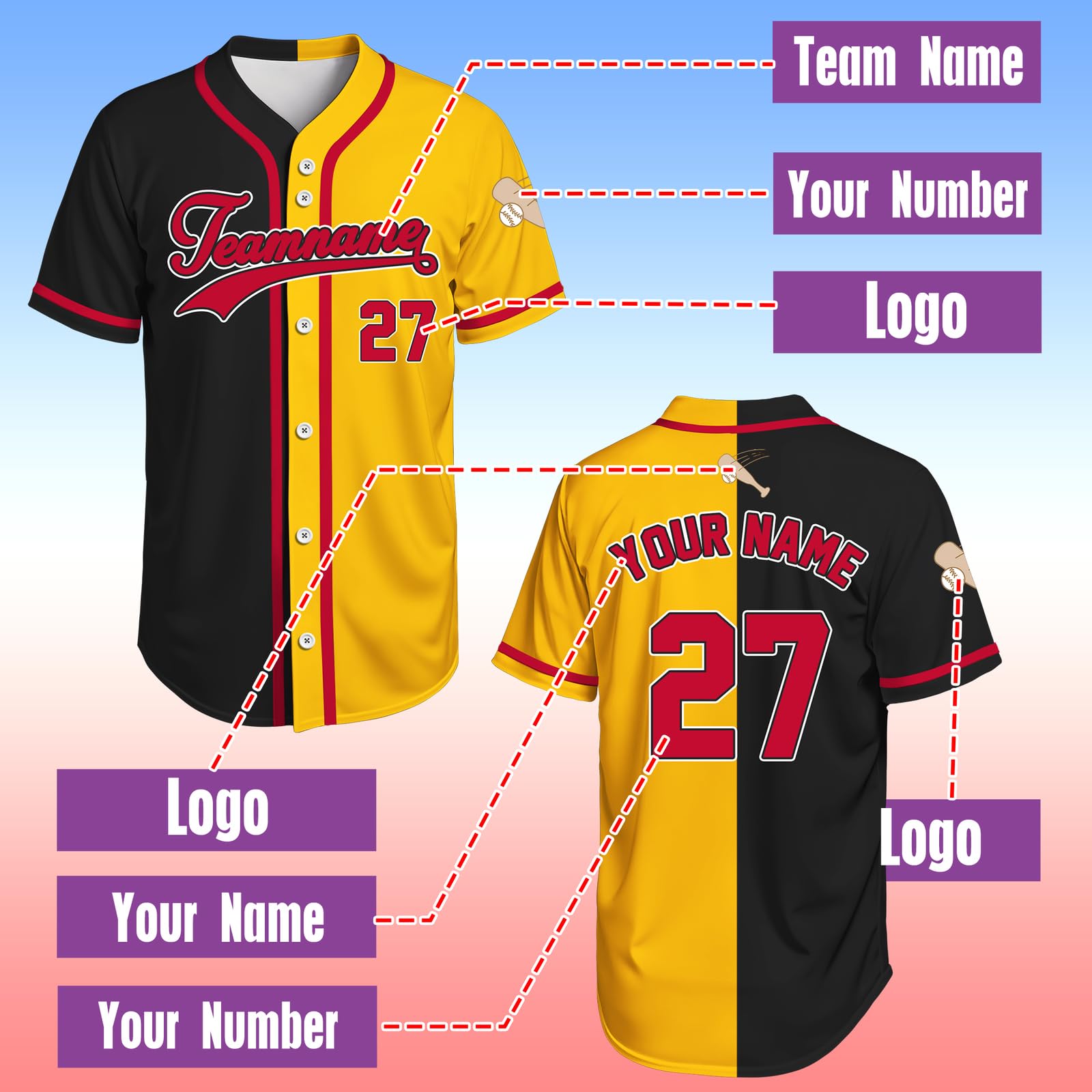 Custom Baseball Jersey - Personalized Stitched/Printed Name, Number & Logo, Button Uniform for Men Women Youth Kids, Fan Sports Shirt