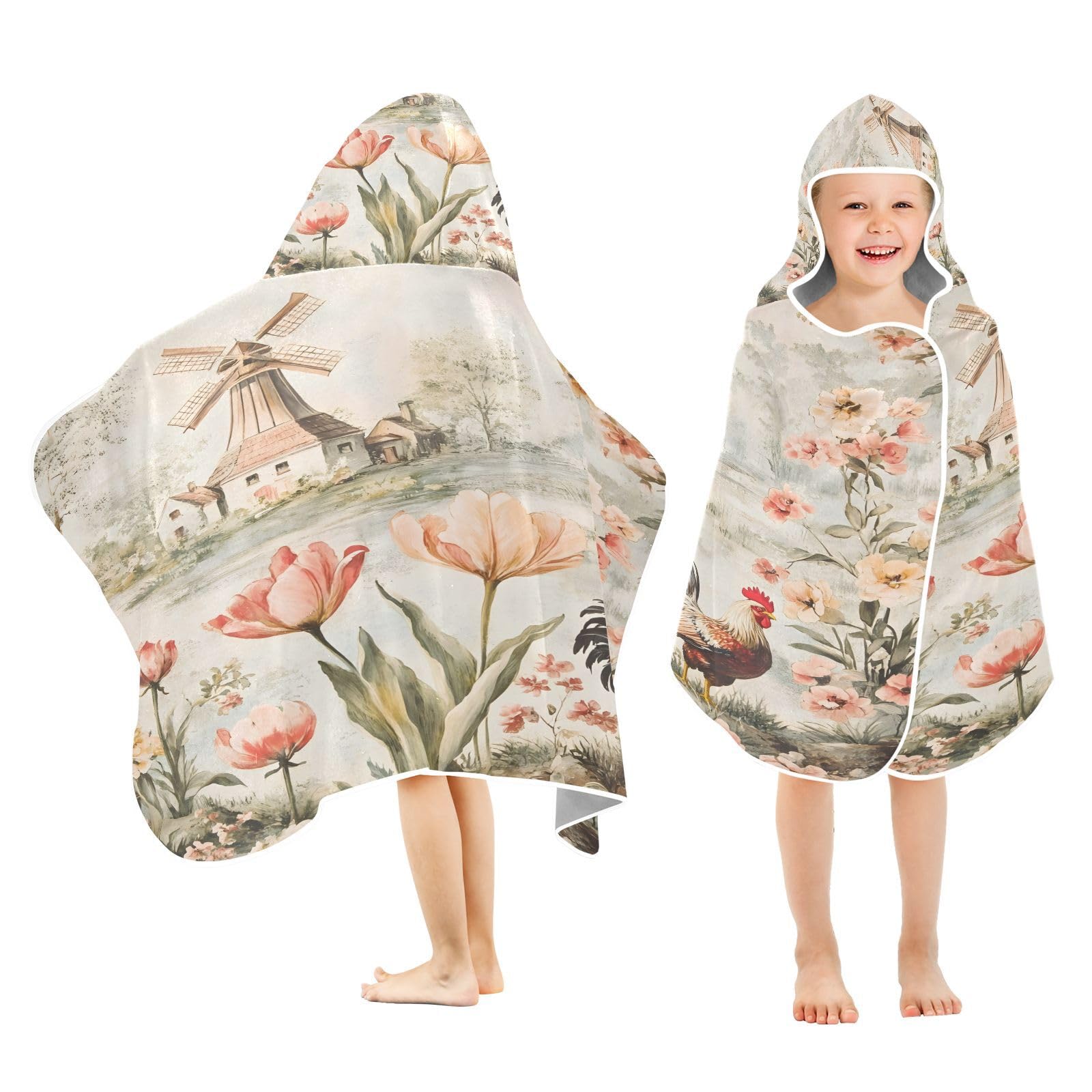 Kigai Rooster Flowers Hooded Beach Towel for Kids Soft Absorbent Quick Dry Bath Towel with Hood Lightweight Toddler Shower Pool Bath Wrap for Boys Girls