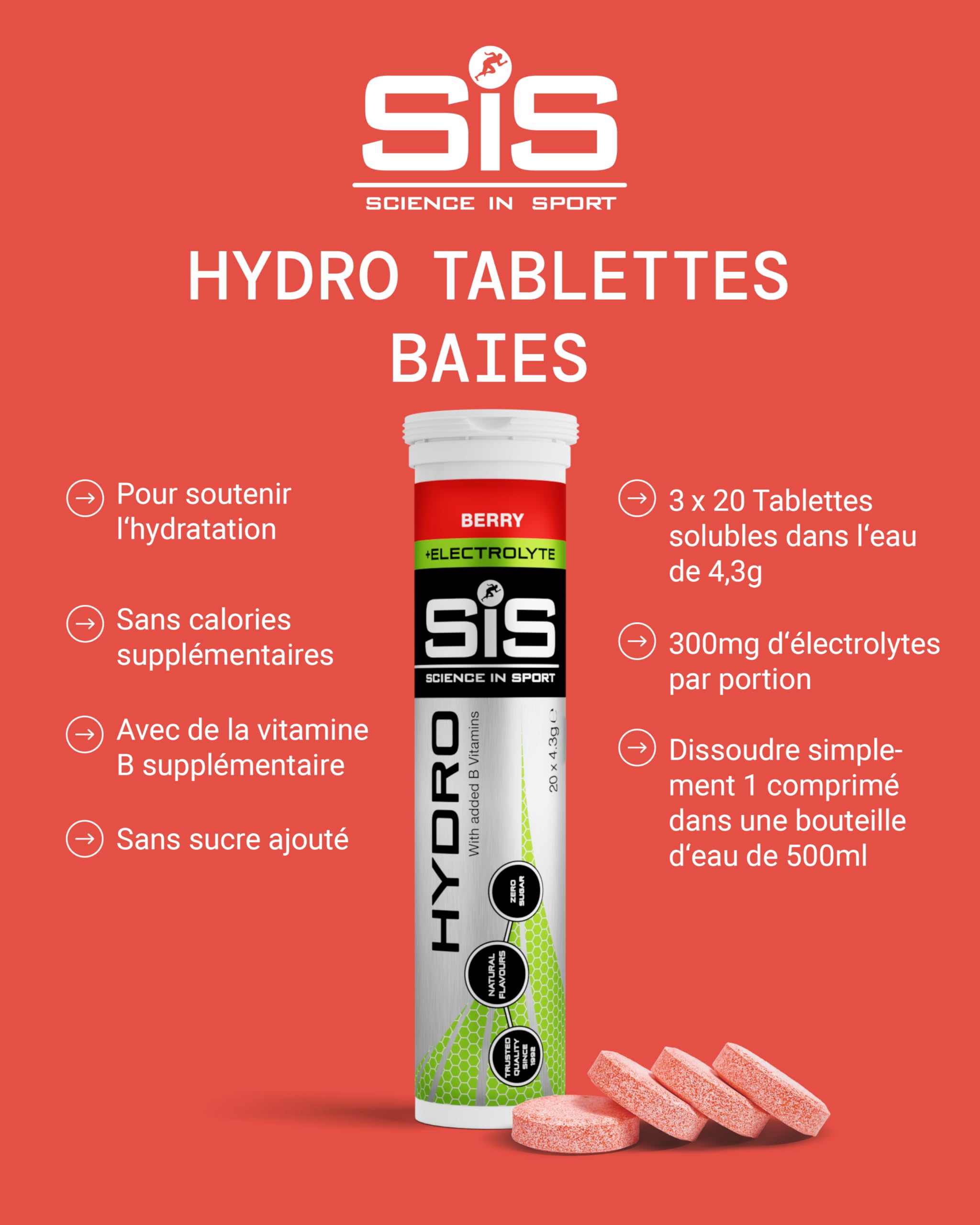 Science in Sport HYDRO Comprimés 3 x 20 pcs Fruits rouges - Comprimés électrolytes, vegan, comprimés effervescents pour équilibre électrolytique (emballage peut varier)