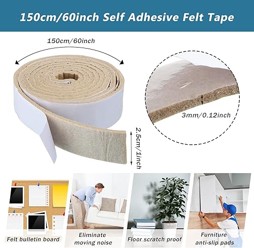 Miniatura 3 de Shappy Paquete de 2 tiras de fieltro con parte trasera adhesiva, rollo de cinta de fieltro, antideslizantes, autoadhesivas, almohadillas cortables