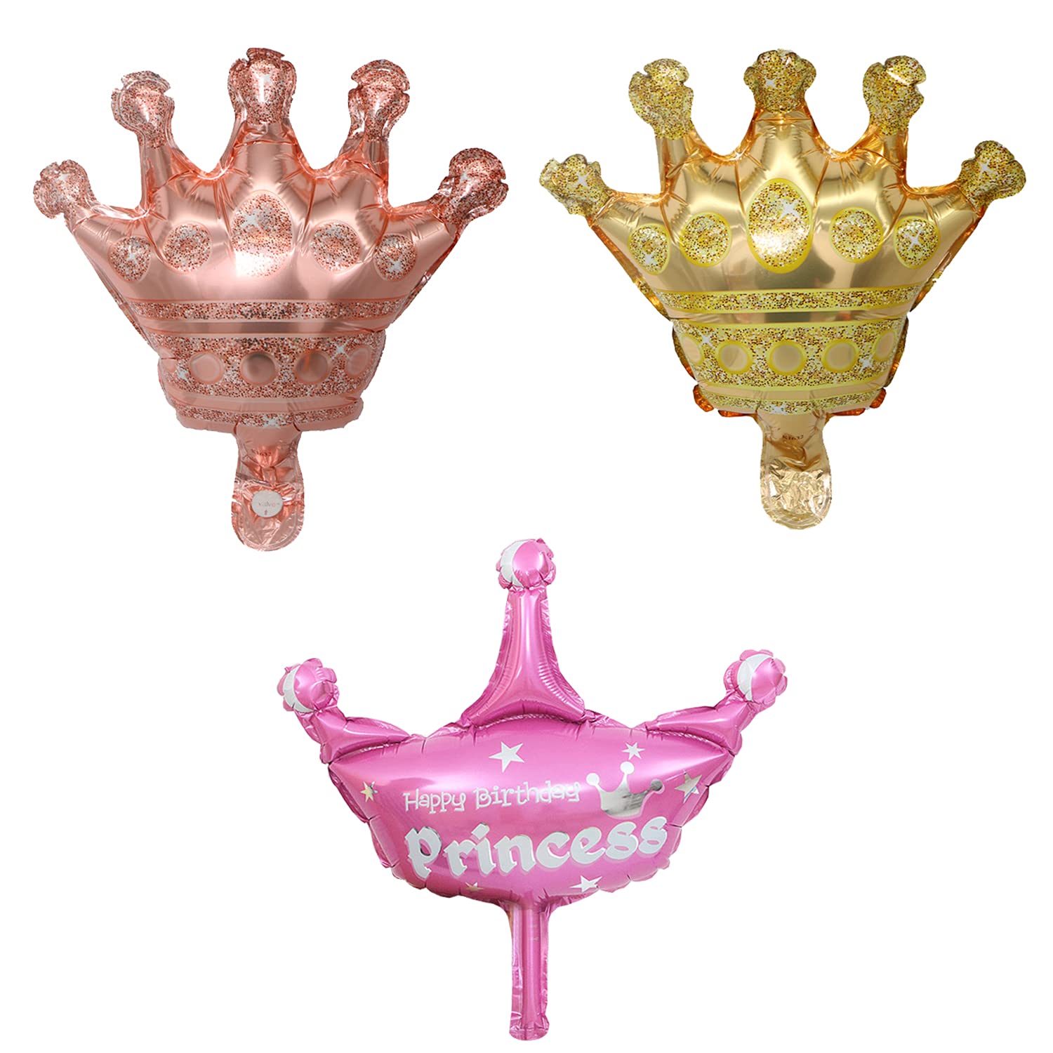 RasuImpex 3pcs 16” Mini Crown Happy Birthday Kid’s Adult’s Favorite Toy Foil Balloon Birthday, Theme and Children's Party Decorative Gold+Rose Gold+Pink #RasuDecor (Gold-Rosegold-Pink-3)