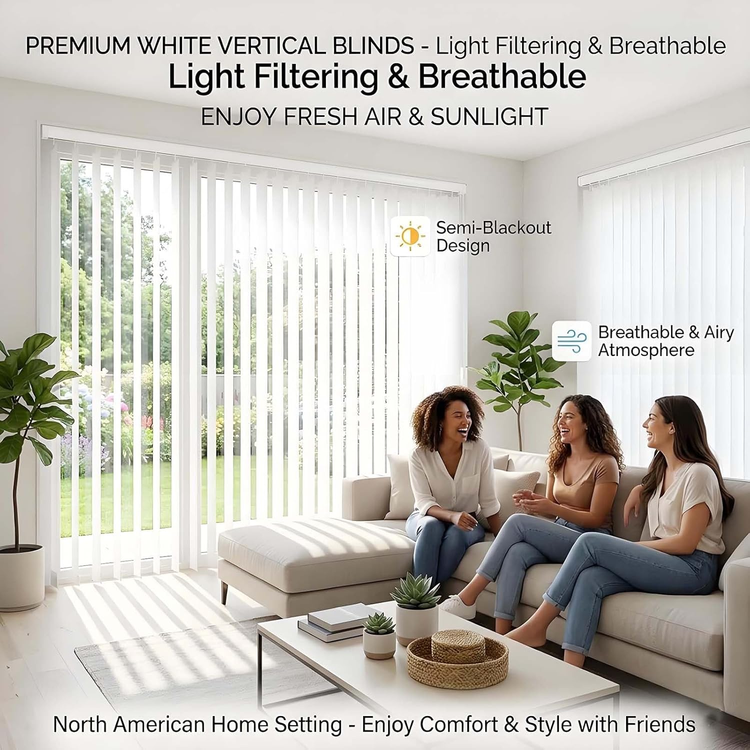 White Vertical Blinds for French Doors & Large Windows 71" 78" 88" 98" 108" 118" Blackout Fabric Sliding Glass Door Blinds, Privacy Room Divider Window Shades, Pull Cord(63" W x 112" H)