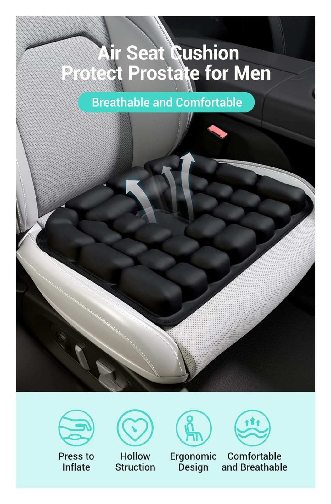 Autositzkissen 3D-Luftdruckentlastungskissen, aufblasbares Lendenwirbelstützkissen, ergonomisch(HF001 Black)