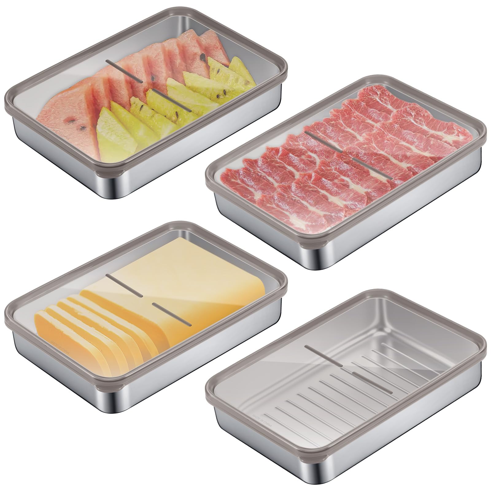 Set mit 4 Aufschnittbox Fresh, Edelstahl Lebensmittel Aufbewahrungsbox mit Sichtdeckel, Kühlschrank Gefrierschrank Organizer Für Käse, Aufschnitt, Fleisch - Spülmaschinenfest & Stapelbar