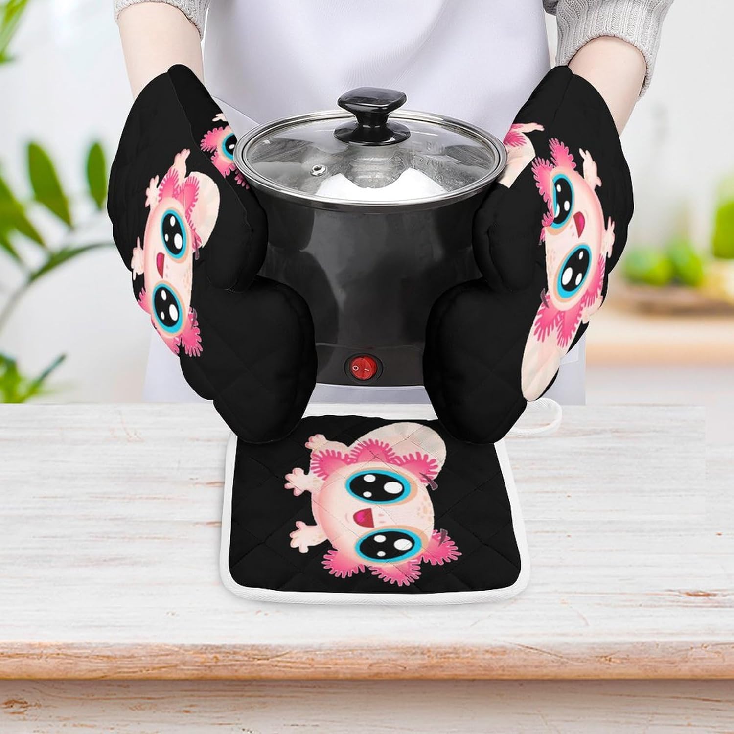 Cute Axolotl Print Oven Mitts and Pot Holders 3 Piece Sets Heat Resistant Gloves Hot Pads Potholders for Kitchen Baking Cooking