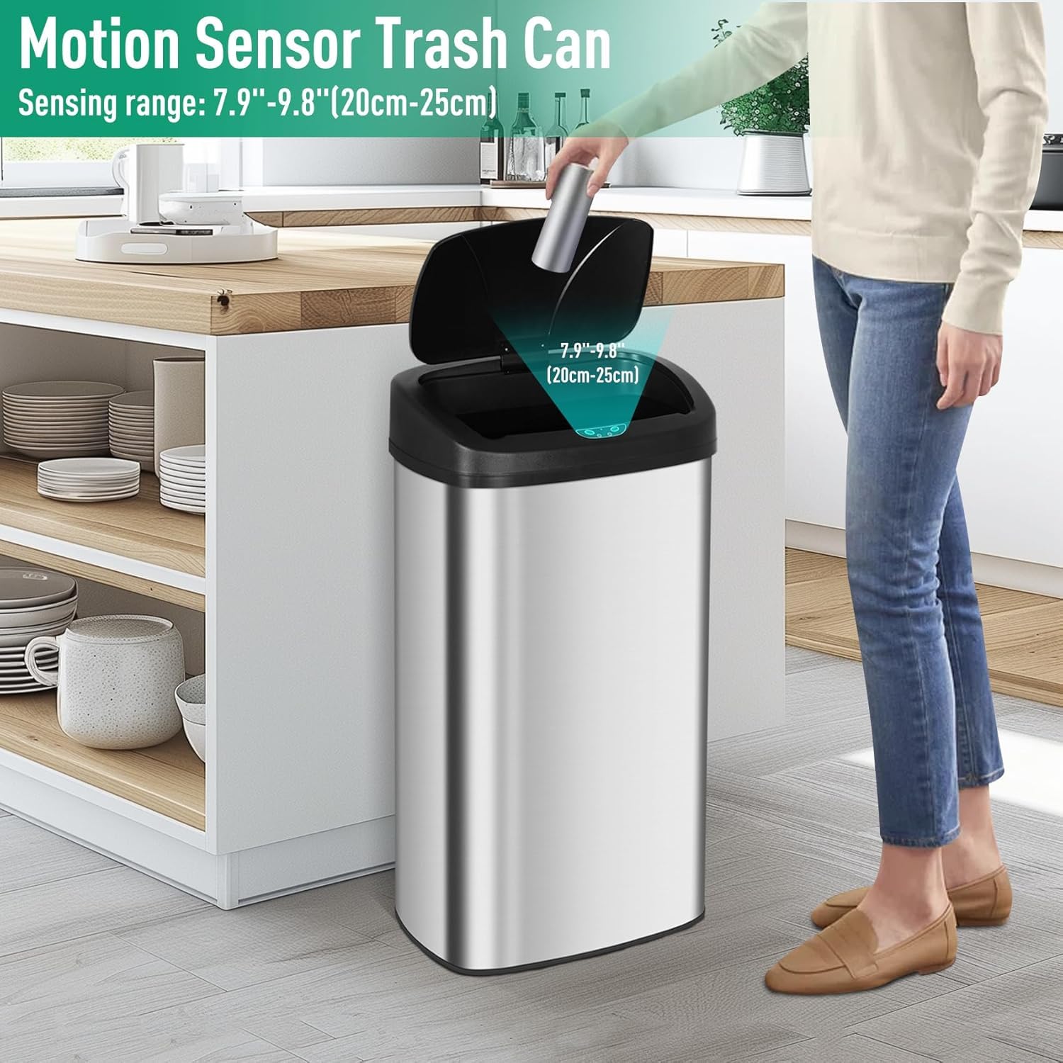 22 Gallon Trash Can Stainless Steel Motion Sensor Garbage Can with Lid, 82L Commercial Tall Recycle Garbage Bin for Kitchen, Home, Office, Sliver