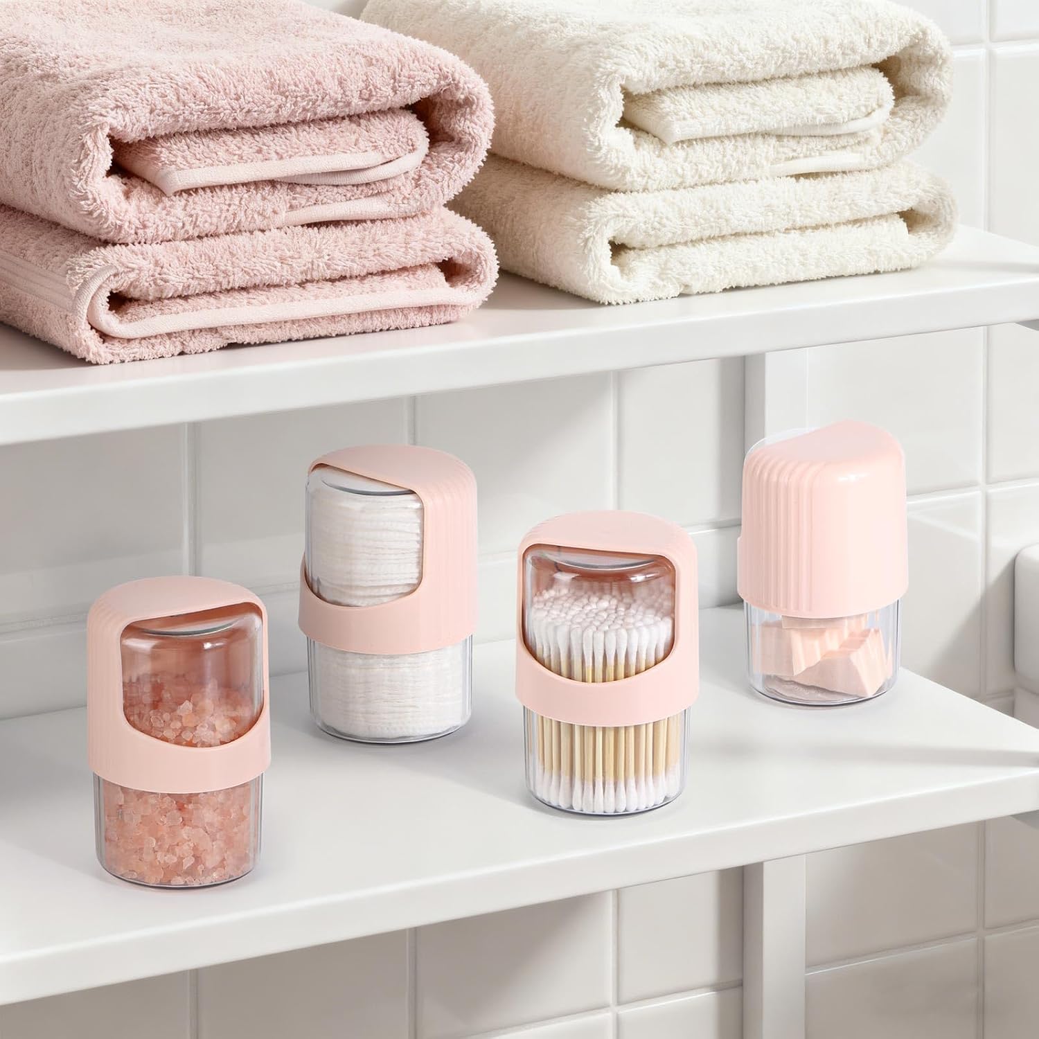 Tbestmax 4 Pack Rotating Qtip Holder Dispenser for Cotton Swabs, Makeup & Hair Accessories, Vanity Organizer with Canisters for Floss Picks, Cotton Balls, Bathroom Essentials Accessories Decor,Pink