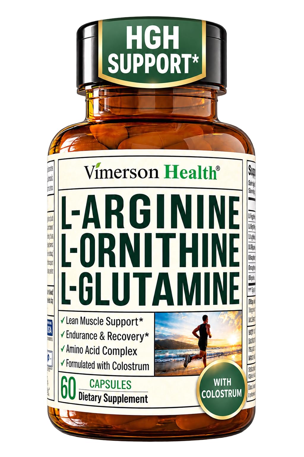 Vimerson Health L-Arginine L-Ornithine L-Glutamine with Colostrum – HGH Supplements for Men & Women – Muscle Growth & Recovery Support – 60 Capsules 30-Day Supply