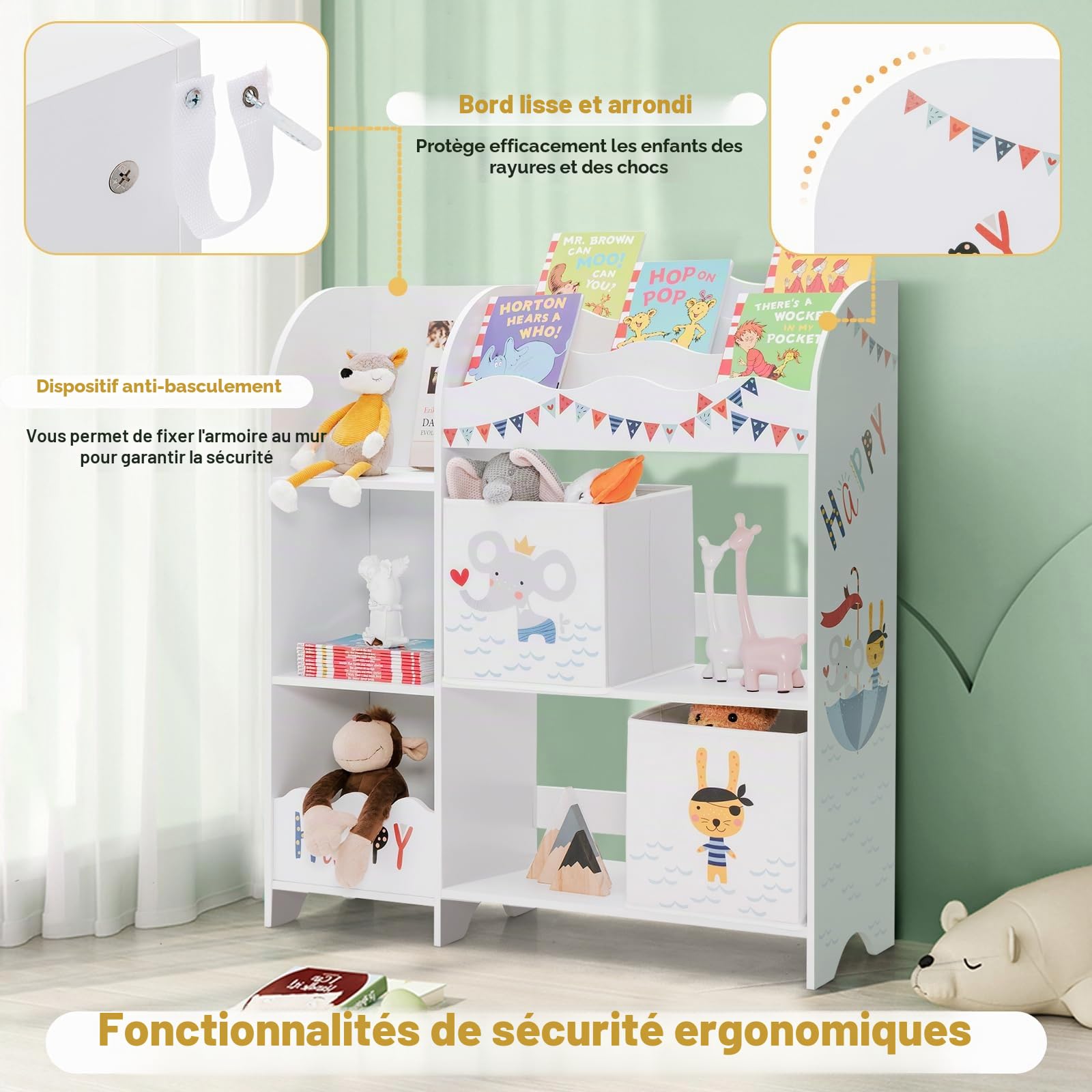 HOMASIS Étagère pour enfant à 3 étages, sur pied, pour jouets, livres, organisateur de jouets, avec 5 compartiments et 2 boîtes de rangement (animaux pirates)