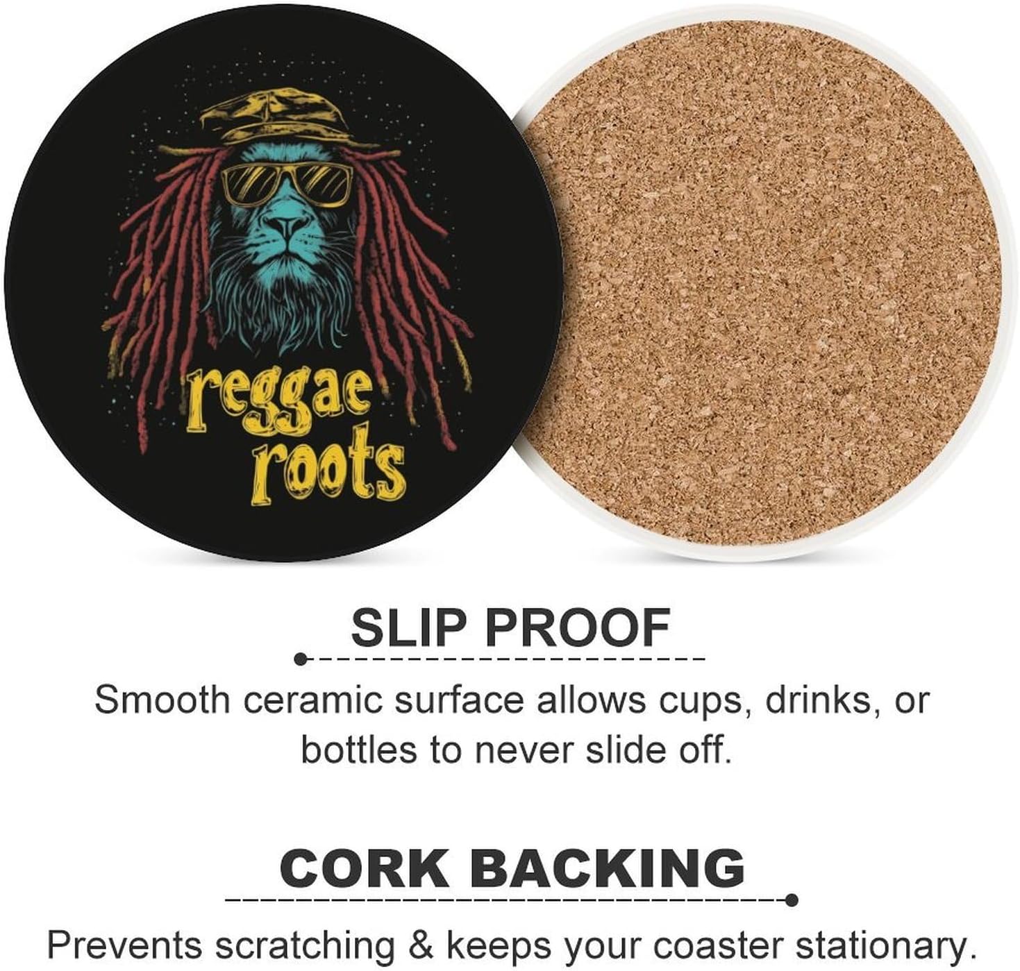 Reggae Lion Roots Round Ceramic Coasters Print Drinks Absorbent with Cork Base for Home Decor Gifts 4 Inch