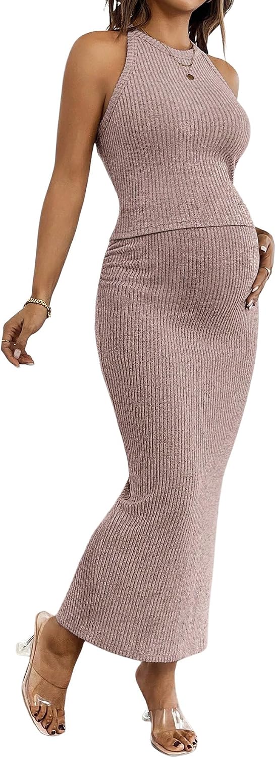 SHENHE Women's Maternity Ribbed 2 Piece Outfits Crop Tank and Bodycon Slit Maxi Skirt Set