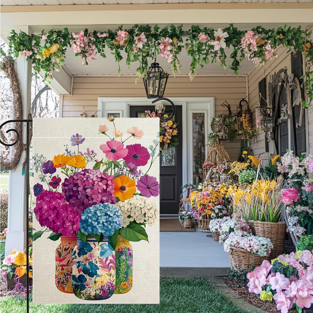 Spring Summer Colorful Floral Mason Jar Garden Flag 12x18 Inch Double Sided Hydrangea Flower Yard Outdoor Flag House Holiday Outside Decoration - Image 5