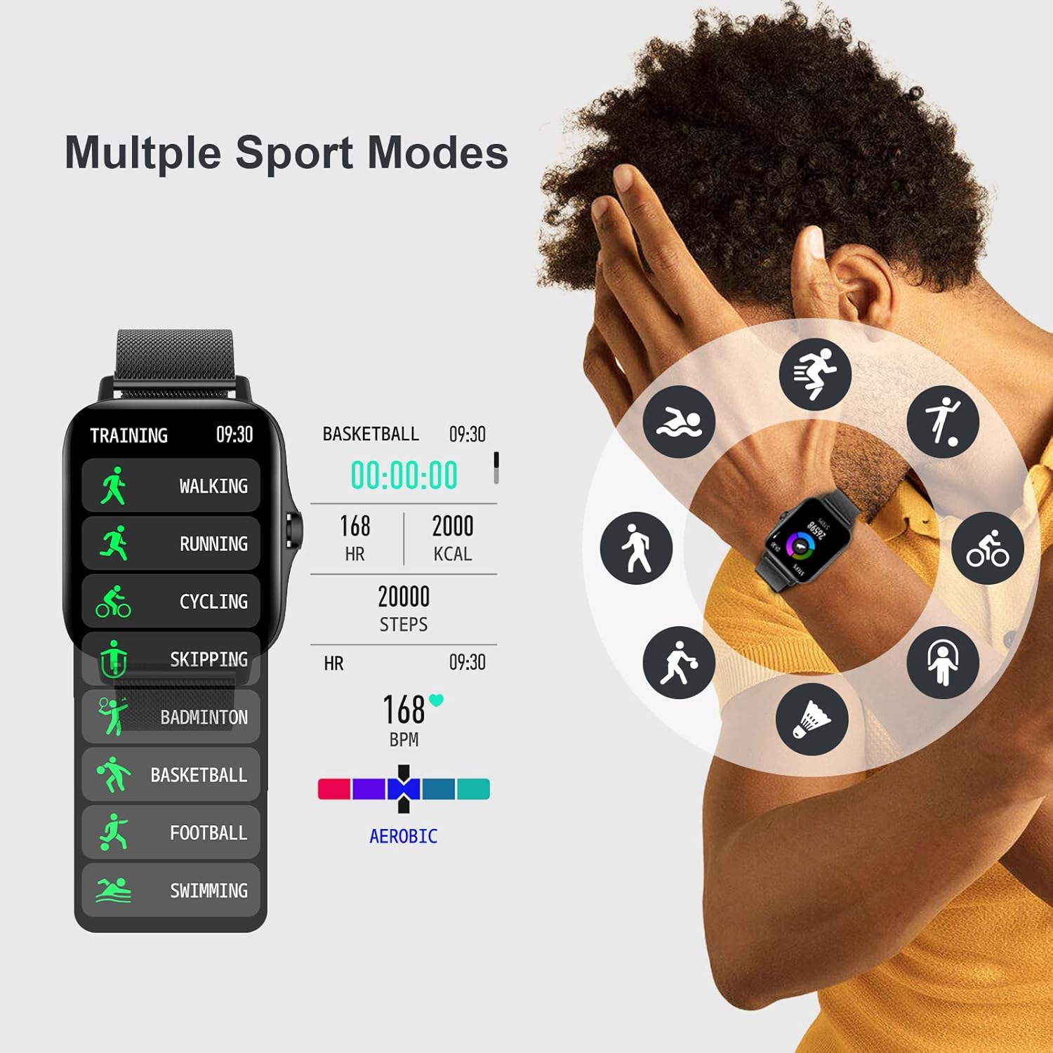 Smartwatch displaying various sport modes like walking, running, cycling, and more.