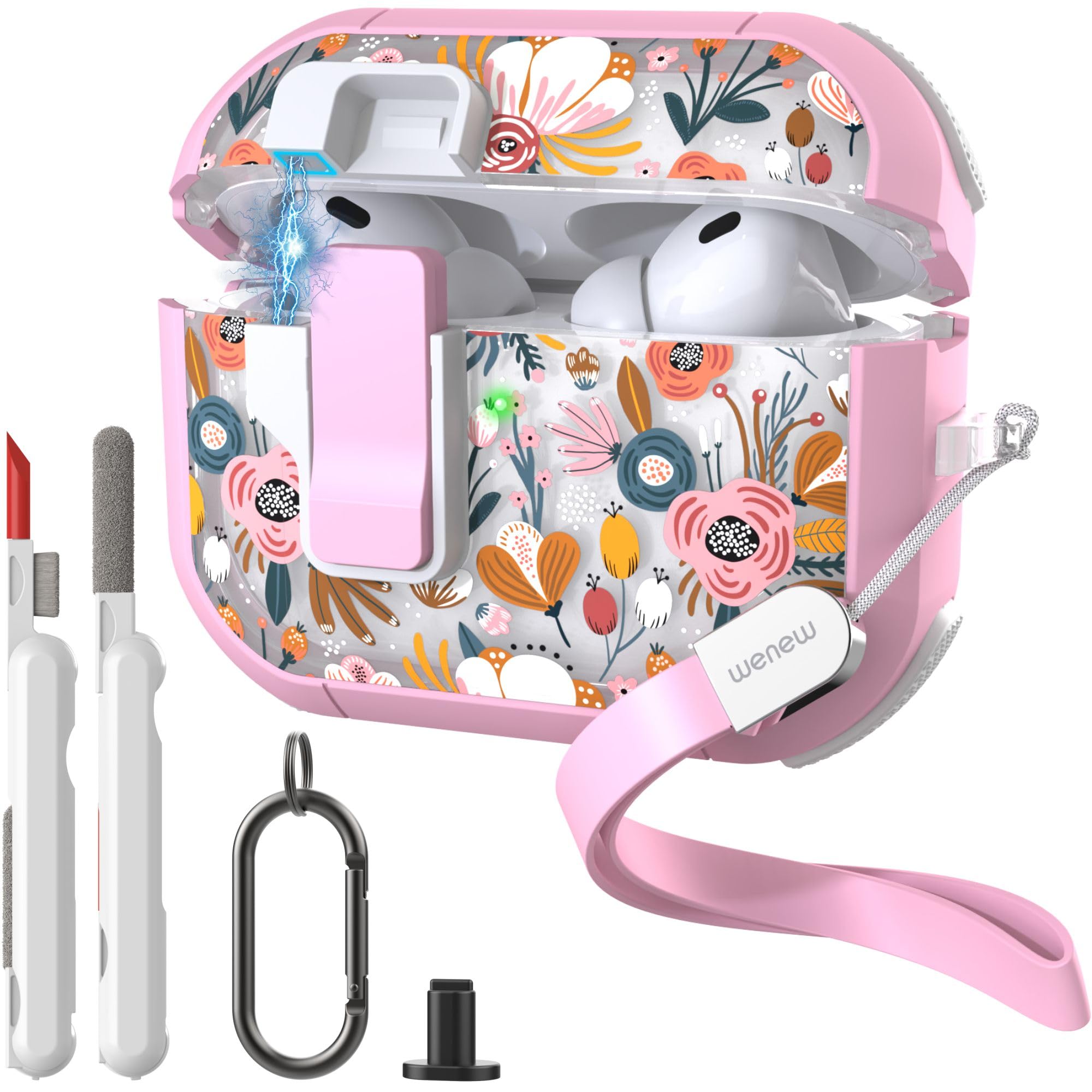 WENEW for AirPods Pro 3 Case (2025) Cover Secure Lock Automatic Snap Switch Clip Cleaner Kit Lanyard Women Stylish Flower Hard Shell Full Body Front LED Visible (Pink Flower, AirPods Pro 3)
