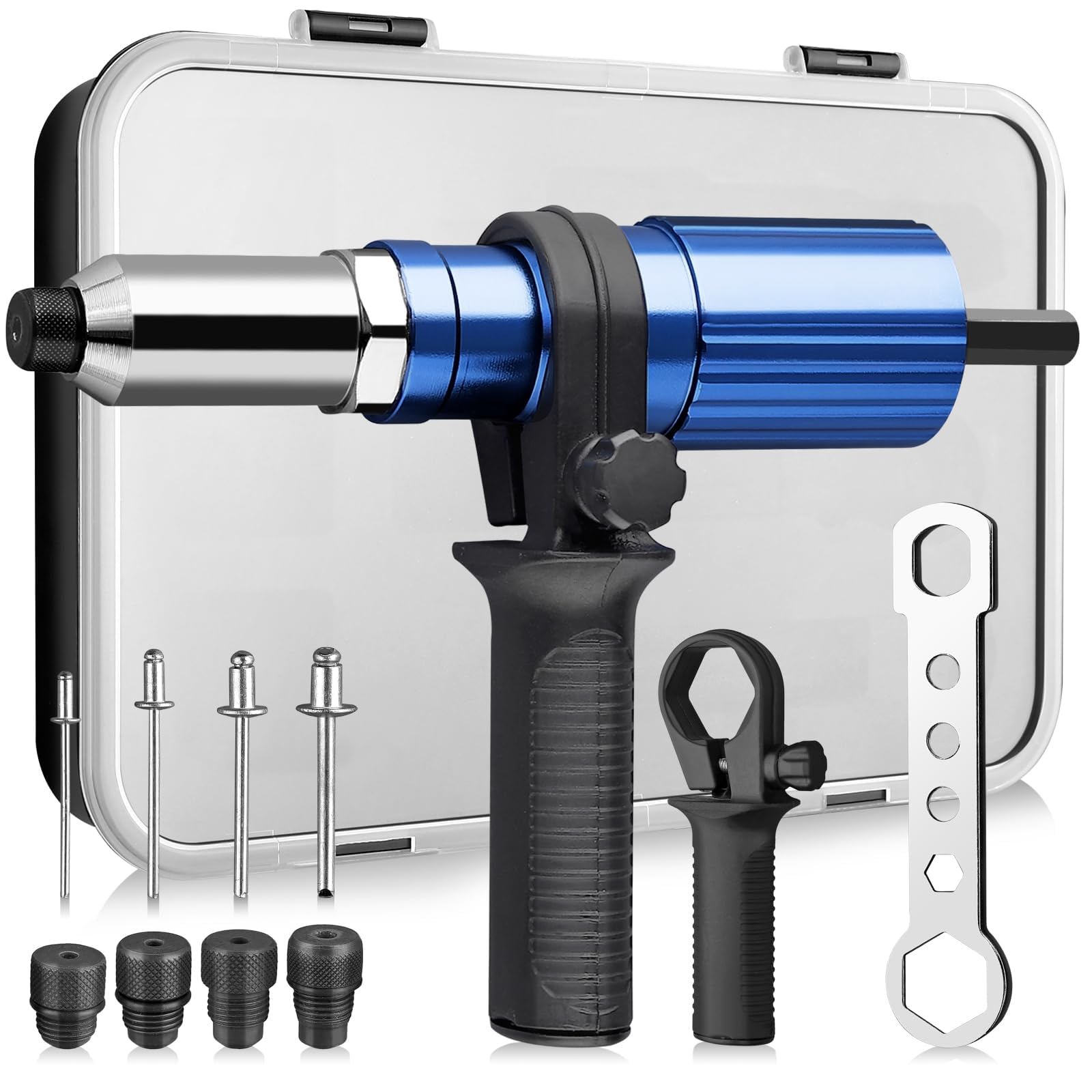 AUTOUTLET Adaptateur de Pistolet à Riveter sans Fil avec Clé pour Le Stockage des Buses avec Poignée 1 Étui Transparent en PVC 80 PCS Rivets 20 par Taille 2,4 3,2 4,0 4,8 mm