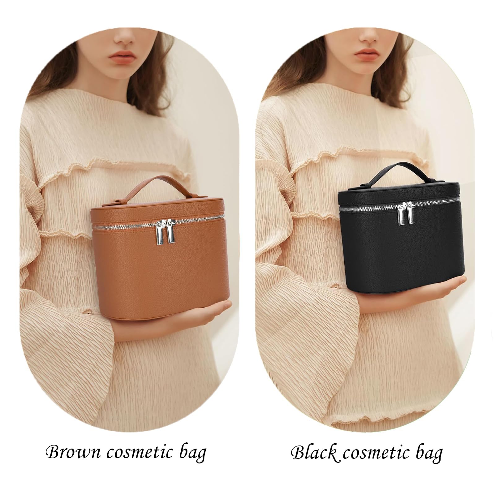 Make-up-Tasche aus Leder mit Fächern – Stehende Reise-Kosmetiktasche für Damen, wasserdichter Schminkkoffer mit abnehmbarer Trennwand, tragbarer Kulturbeutel, gelb, 8.26x6.29x5.9 inches