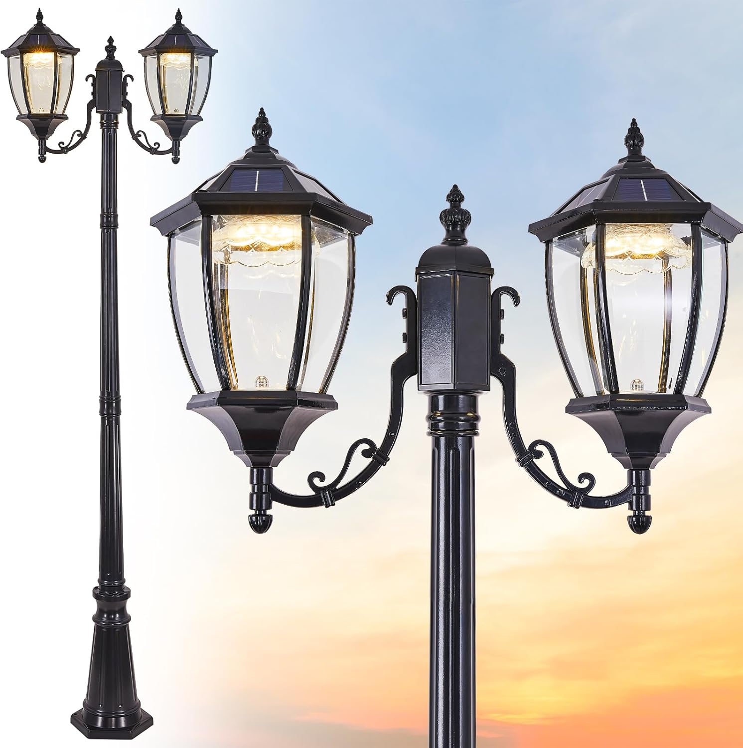 Solar Lamp Post Light, Dusk to Dawn Outdoor Solar Post Light 2-Heads, Classic Black Post Light with Clear Glass Panels, 3000K/6000K LED Post Light 2-HEAD POST LIGHT
