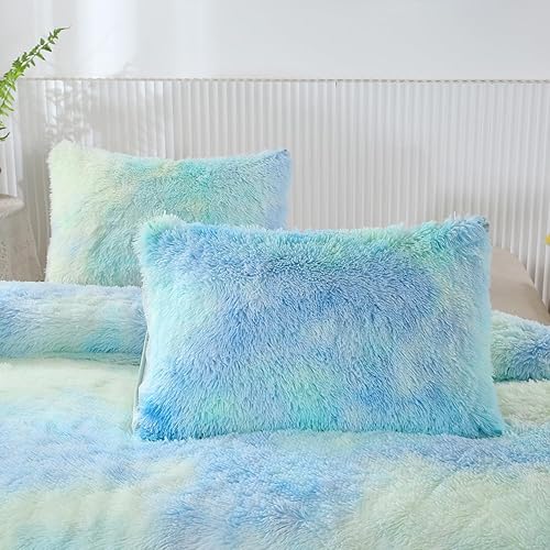 Miniatura 70 de SUCSES Faux Fur Duvet Cover Set Twin Size, Tie Dye Rainbow Plush Shaggy Girls Bedding Set, Soft Velvet Fluffy Fuzzy Ombre Comforter Cover Set