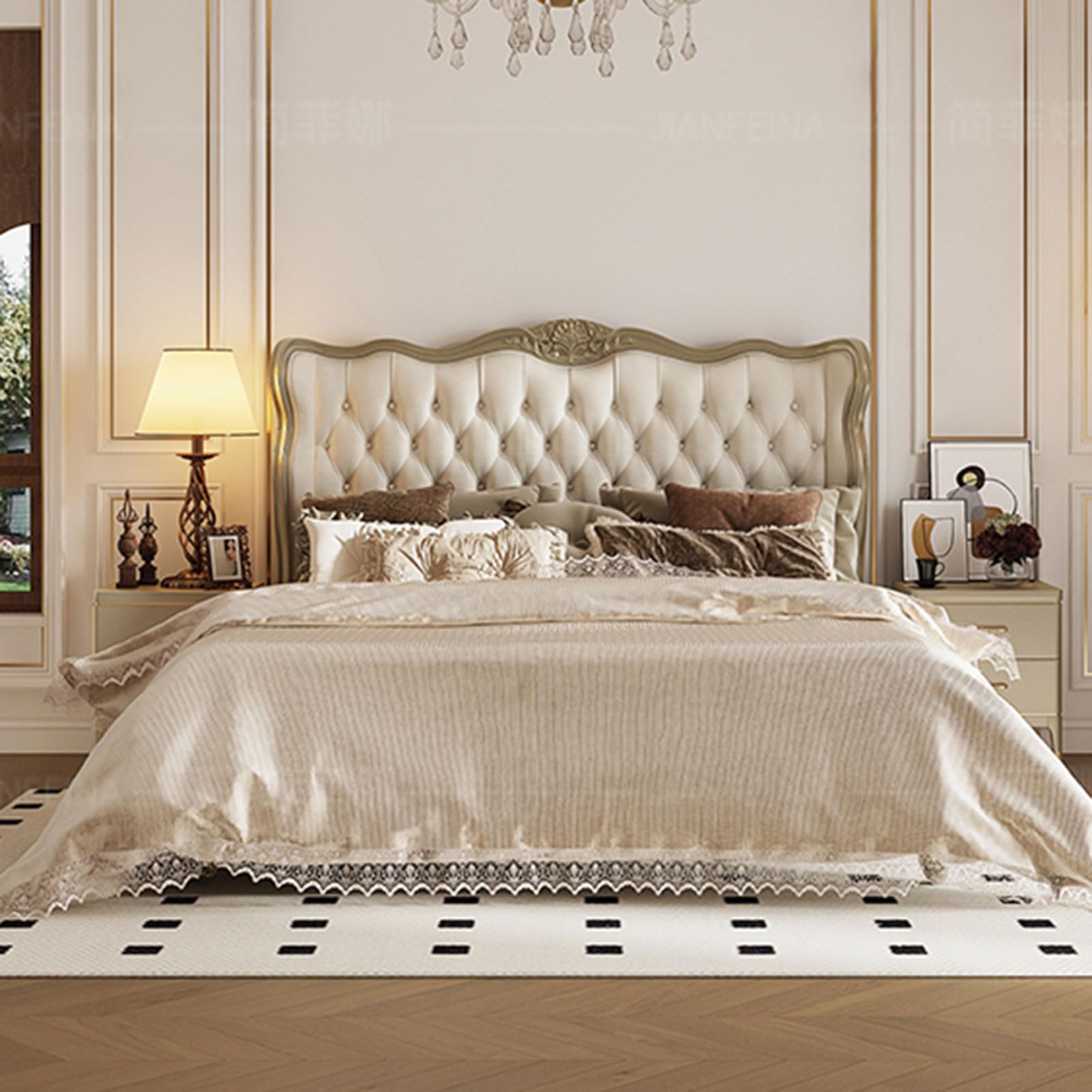 King Size Genuine Leather Wood Bed Upholstered Platform Bed Frame with Wingback Headboard and Storage Drawers Strong Wooden