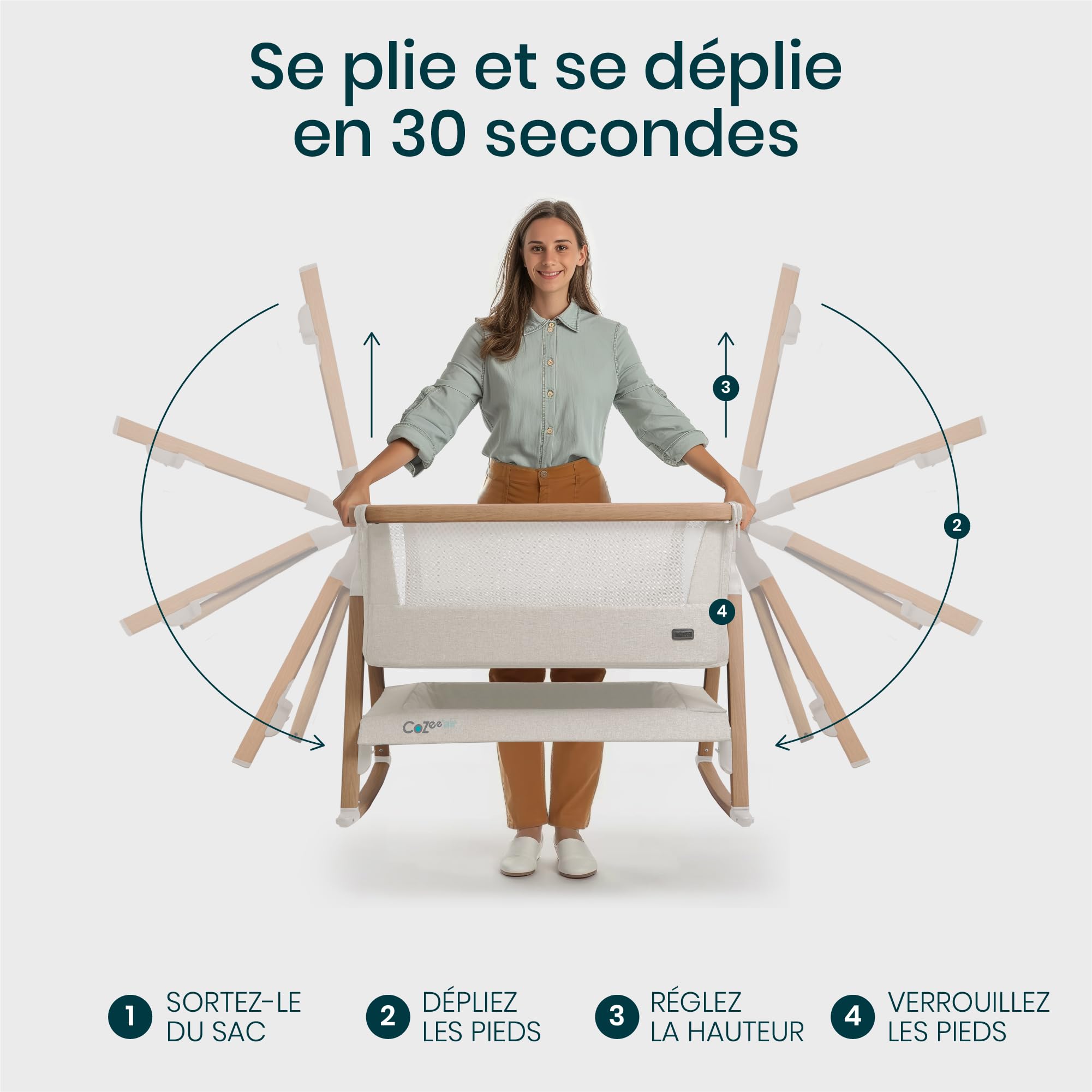 Tutti Bambini CoZee® Air Berceau Bébé & Lit Cododo - Lit Bébé Pliable avec Sac de Transport - Matelas Deluxe Respirant & 6 Hauteurs Réglables - 0-6 Mois (Noyer & Écru)