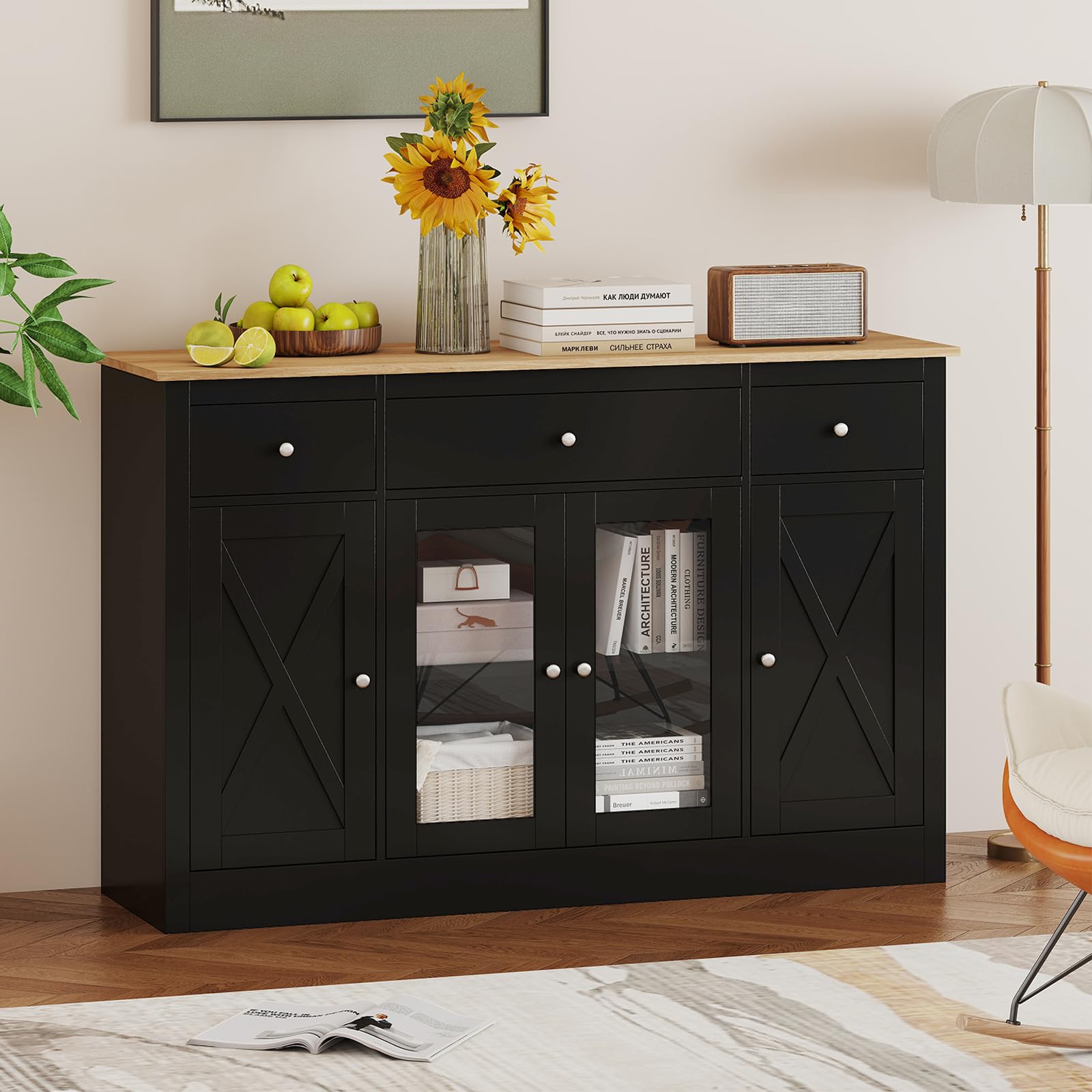 COSTWAY Buffet, Meuble de Cuisine avec 3 Tiroirs, 2 Portes Vitrées, Étagères Réglables, Style Compagne, Kits Anti-basculement, 140 x 40 x 90 cm, Meuble de Rangement pour Salle à Manger, Salon (Noir)