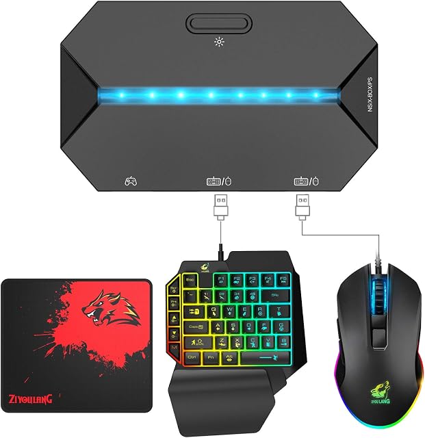 One Hand Gaming Keyboard and Mouse Combo, Wired 39 Keys Mechanical Feel Rainbow Backlit Keyboard+RGB Gaming Mouse+G6L LED Backlit Converter for Nintendo Switch/Xbox One/Xbox 360/PS4/PS3 /PC (Black)