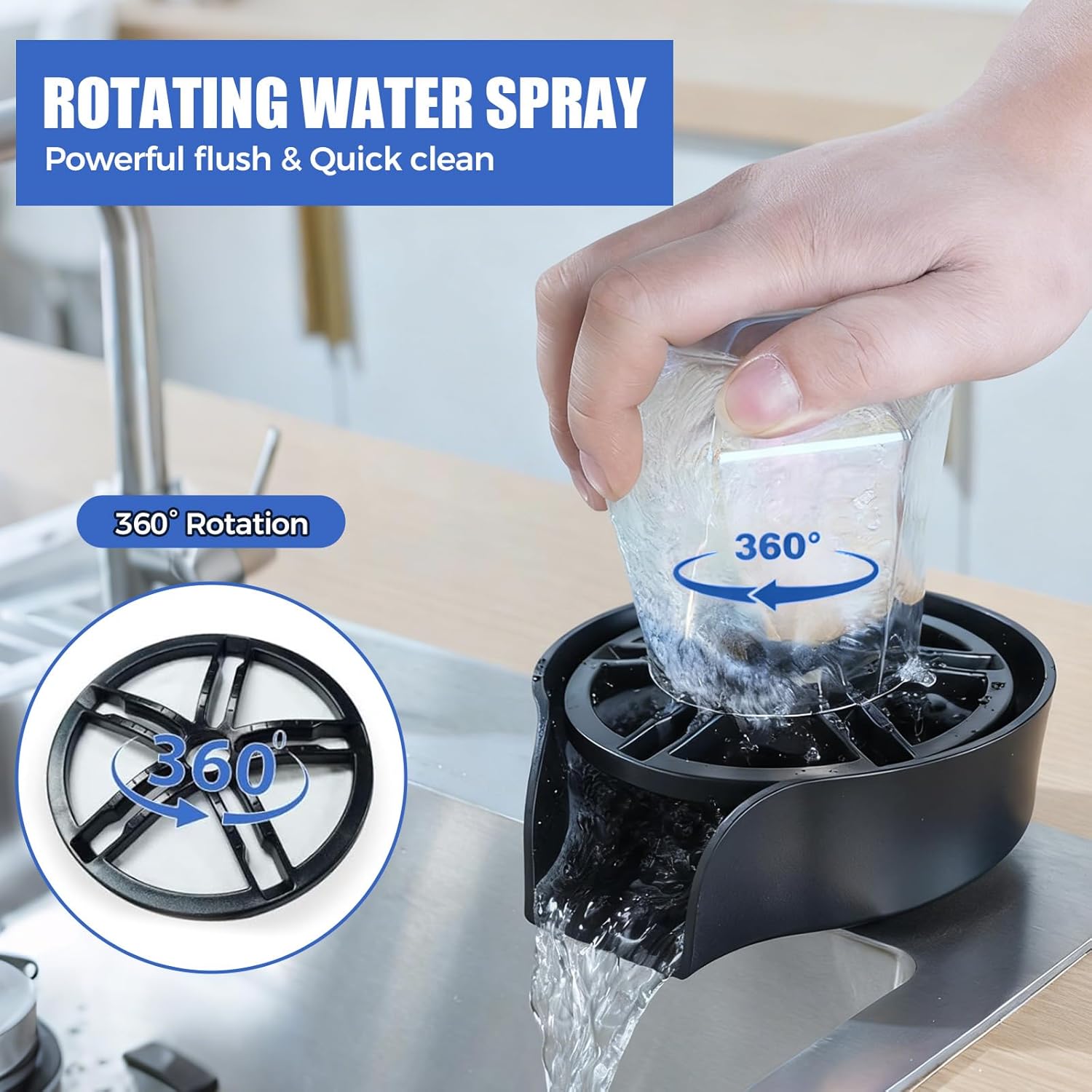 Glass Rinser for Kitchen Sink, High Pressure 360 Degree Rotating Glass Rinser with Pull-Out Spray Gun, Cup Washer Kitchen Sink Attachment (Black)