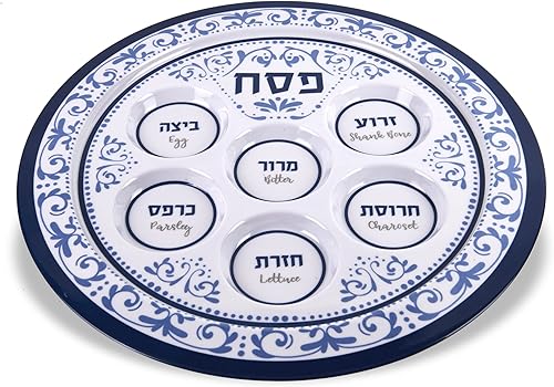 Miniatura 6 de Zion Judaica - Plato para seder de Pascua de 12 pulgadas, sin BPA, diseño floral de tulipanes morados, 6 cavidades redondas