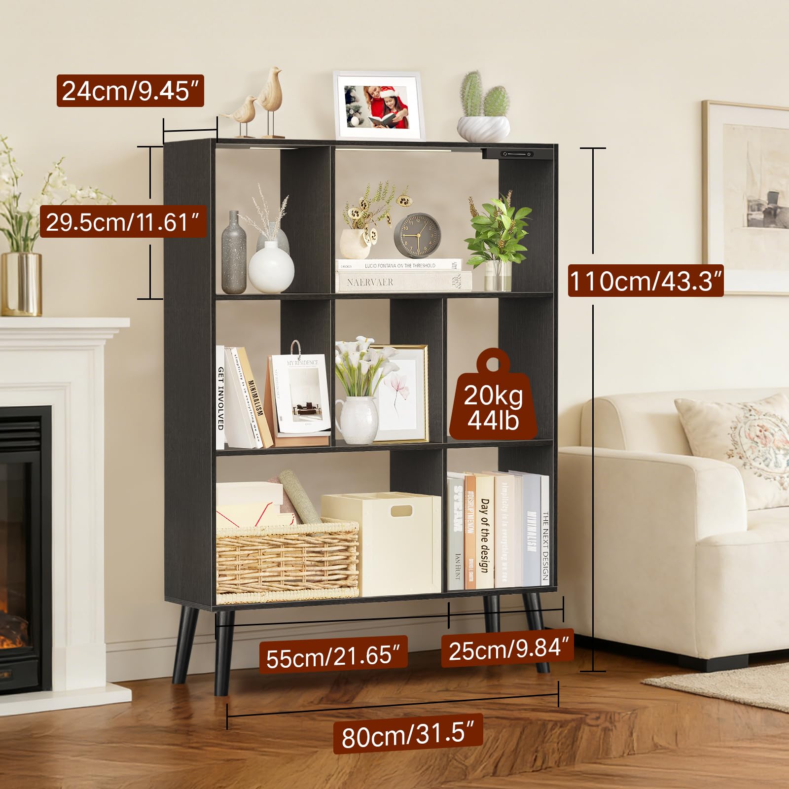 Libreria a 7 Cubi con Luci LED, Controllo Touch e Telecomando, Scaffale Moderno a Terra Dimmabile, Organizer in Legno Aperto per Soggiorno, Camera da Letto e Ufficio