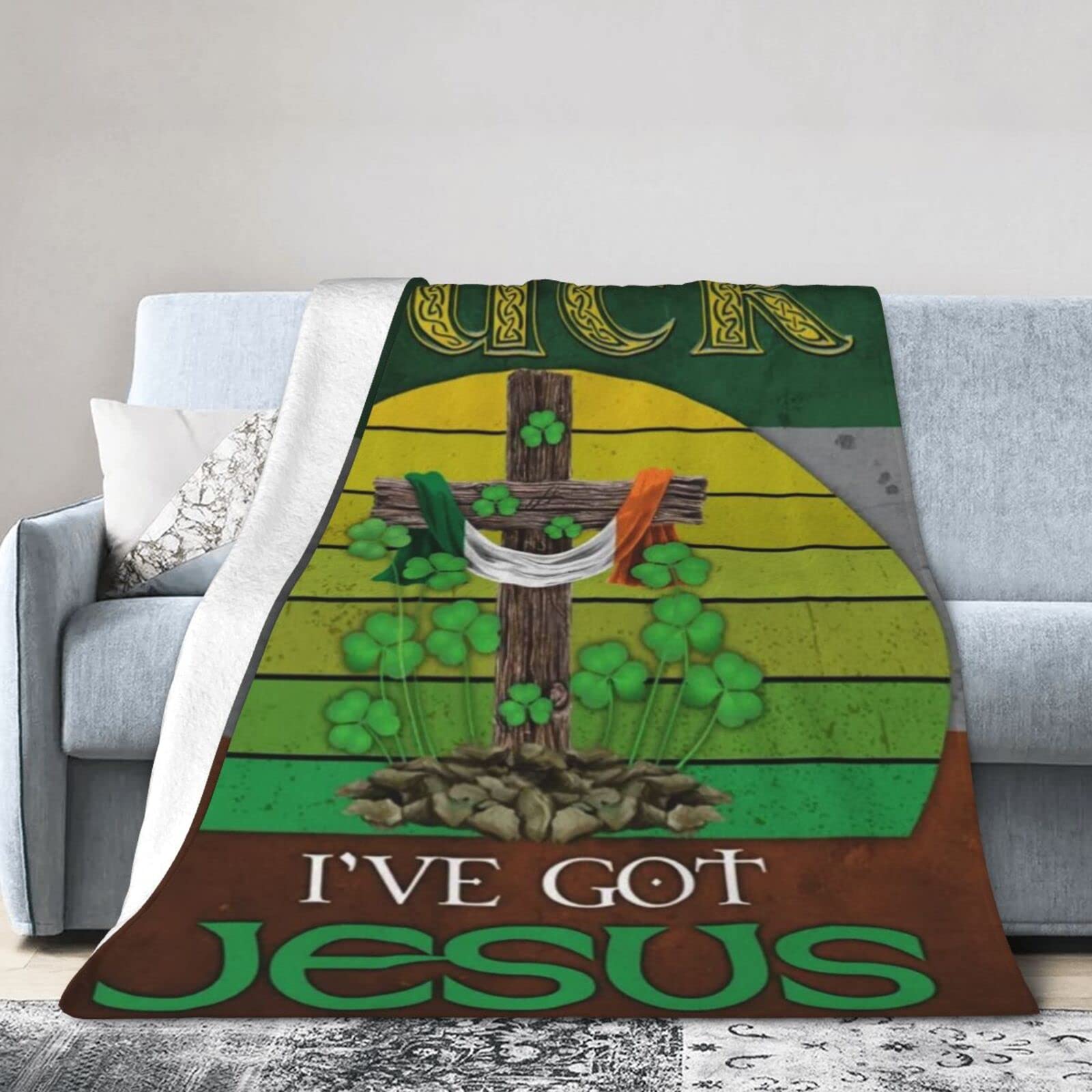 Lsjuee Flannel Fleece Blanket 50"X40" I Don‘t Need Luck, I‘ve Got Jesus Bed Throw Blanket Funny Ultra-Soft Travel Spring Blankets for Womens Keep Warm