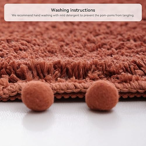 Miniatura 3 de YIRDDEO Alfombra de baño antideslizante con pompones, diseño bohemio, ovalado, absorbente, de felpa, suave, lavable, color terracota (20 x 30