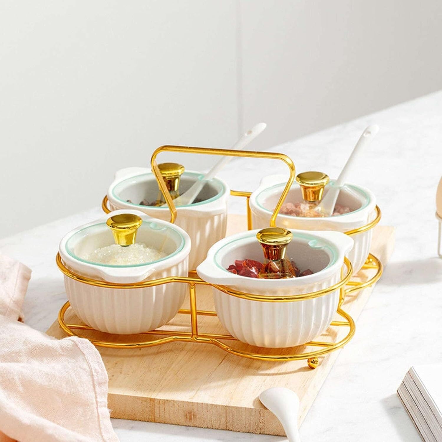 Pots à Épices Assaisonnement Box Set Coffret D'assaisonnement En Céramique, Avec Couvercle De Cuillère Et Plateau, Pot D'assaisonnement, Boîtes À Condiments Avec Cuillère, Sucre À Épices De Cuisine Po