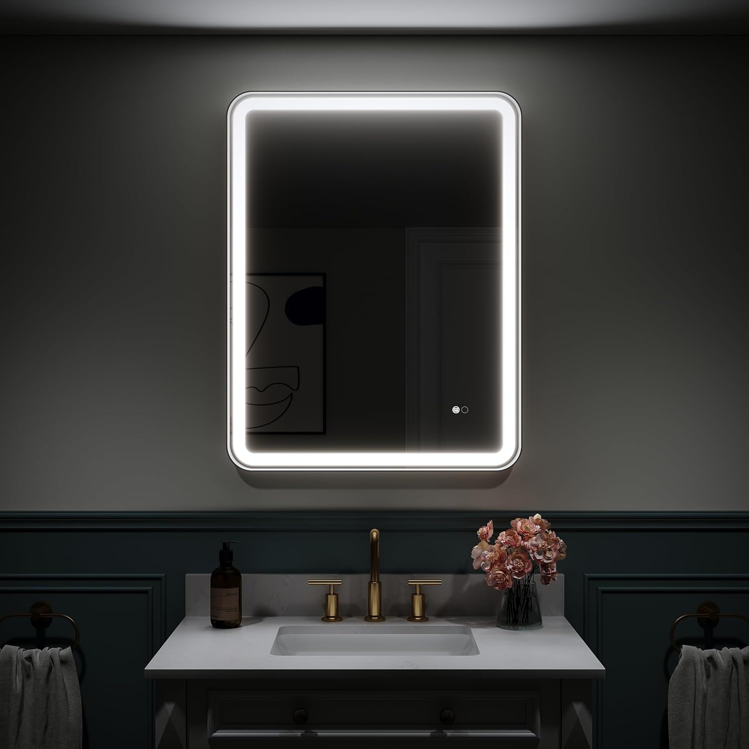 WELLFOR 28'' x 36'' Wall-Mounted Framed LED Bathroom Mirror, Bathroom Vanity Mirror with Dimmable, Metal Rounded Corner Rectangle Mirror W/Lights, Vertical/Horizontal Installation, Matte Black