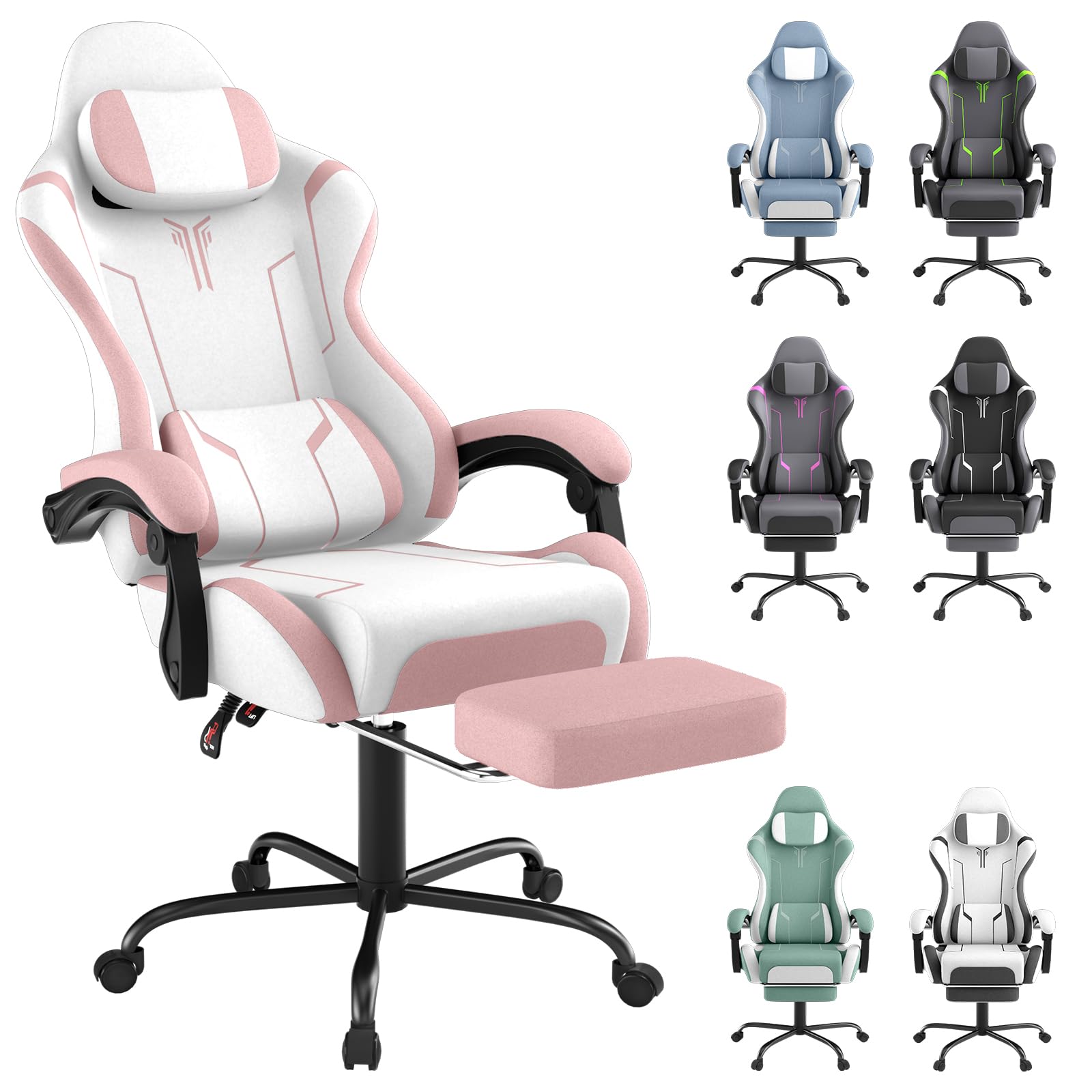 SAILUN Gaming Chair with Footrest & Massage, Ergonomic Computer Chair Reclining 90–155°, Adjustable Headrest & Lumbar Support, Padded Armrests, Gaming & Home Office Desk Chair, Pink