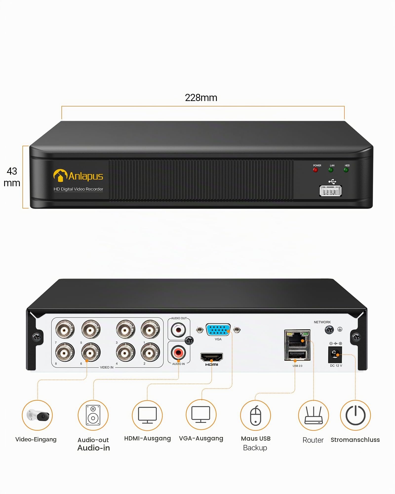 Anlapus 8 Kanal H.265+ 1080P DVR Video Recorder 2MP Aufzeichnungsgerät | ohne Festplatte, Unterstützt 960H 720P 1080P Kamera System